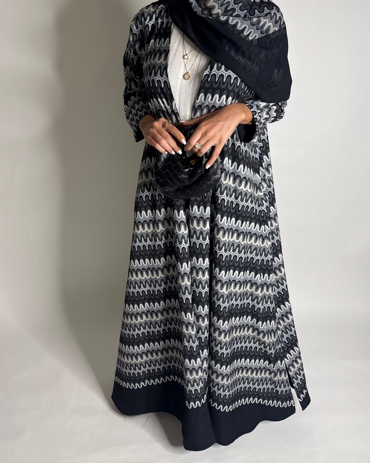 A566 - Black & Gray Swirl Pattern A-Cut Abaya & Matching Head Scarf