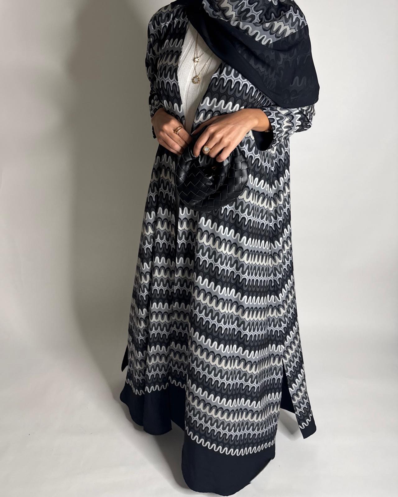 A566 - Black & Gray Swirl Pattern A-Cut Abaya & Matching Head Scarf