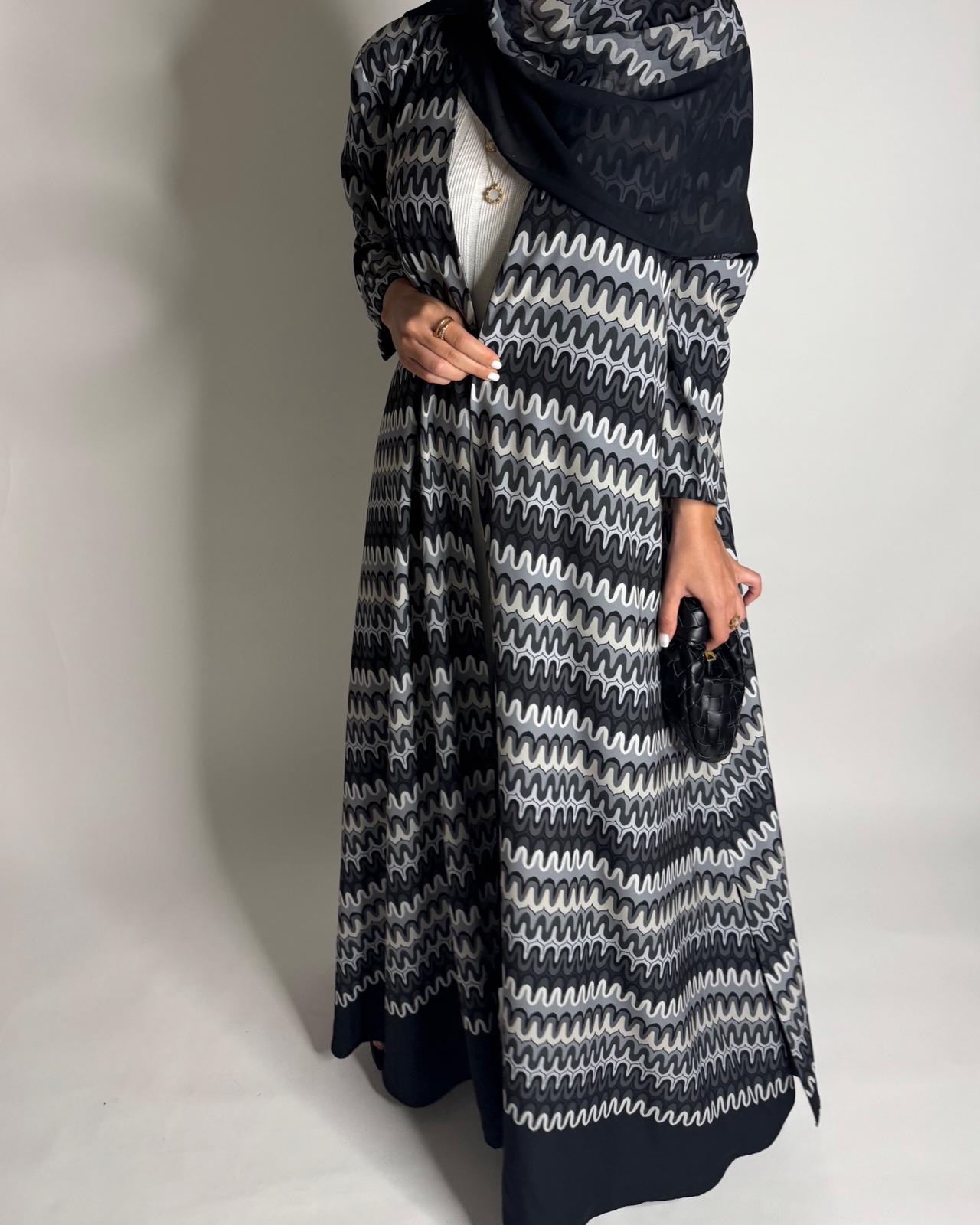A566 - Black & Gray Swirl Pattern A-Cut Abaya & Matching Head Scarf