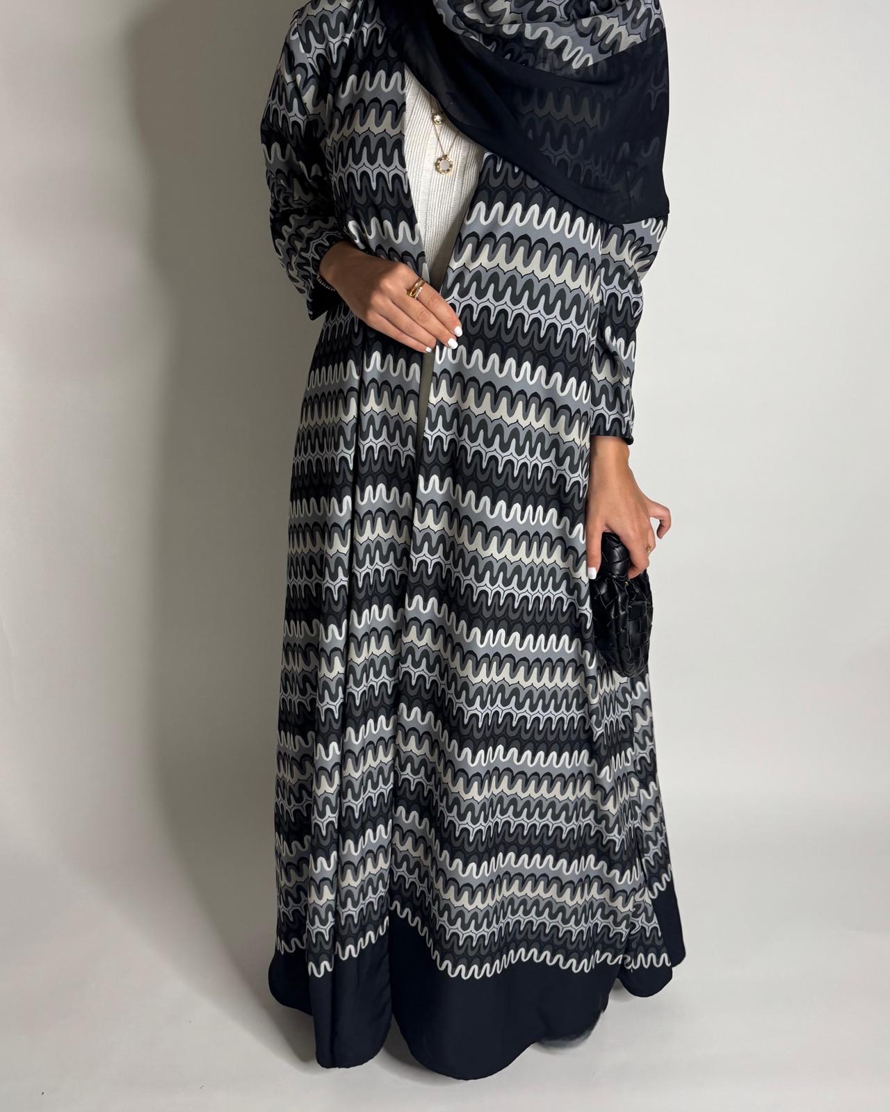 A566 - Black & Gray Swirl Pattern A-Cut Abaya & Matching Head Scarf