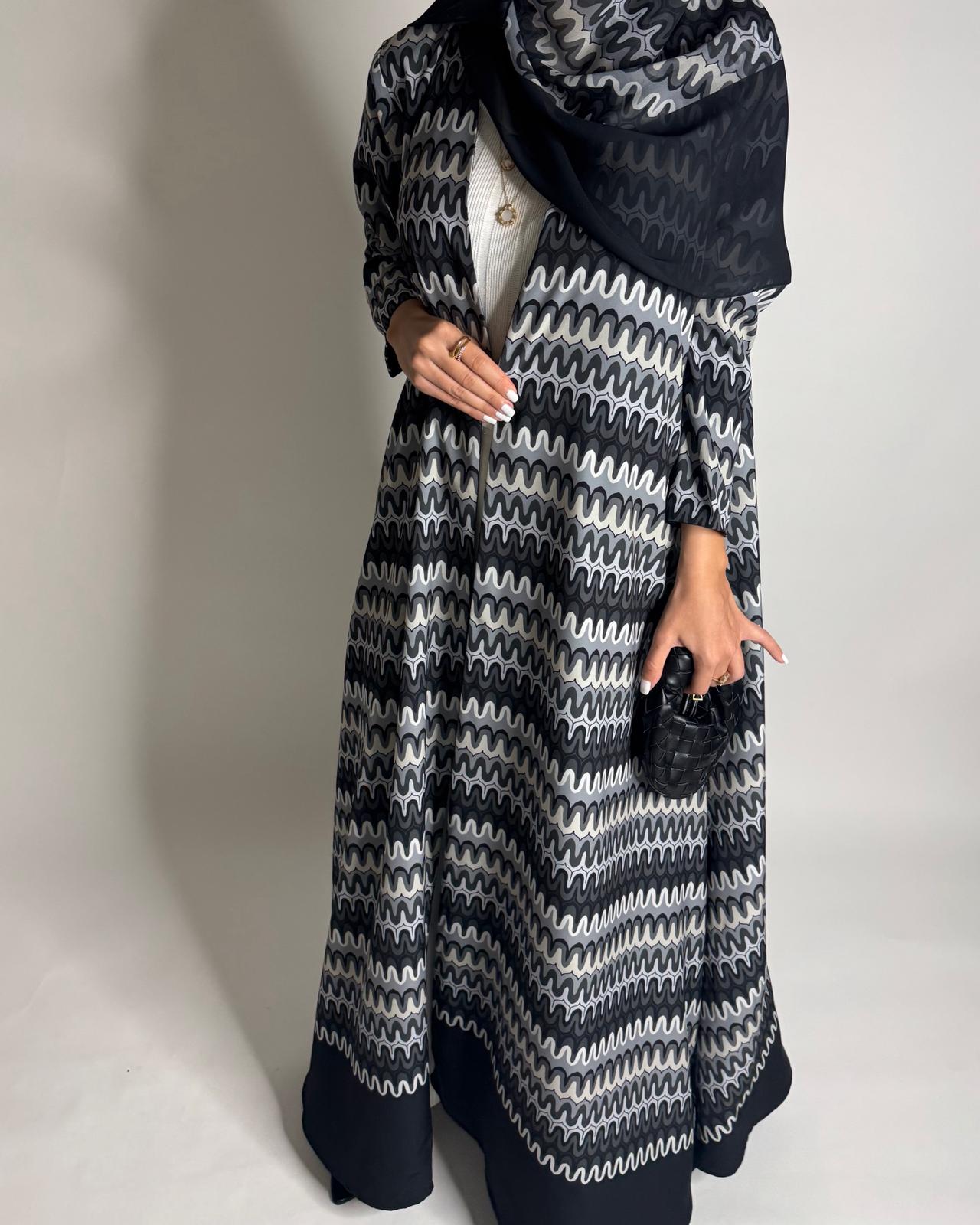 A566 - Black & Gray Swirl Pattern A-Cut Abaya & Matching Head Scarf