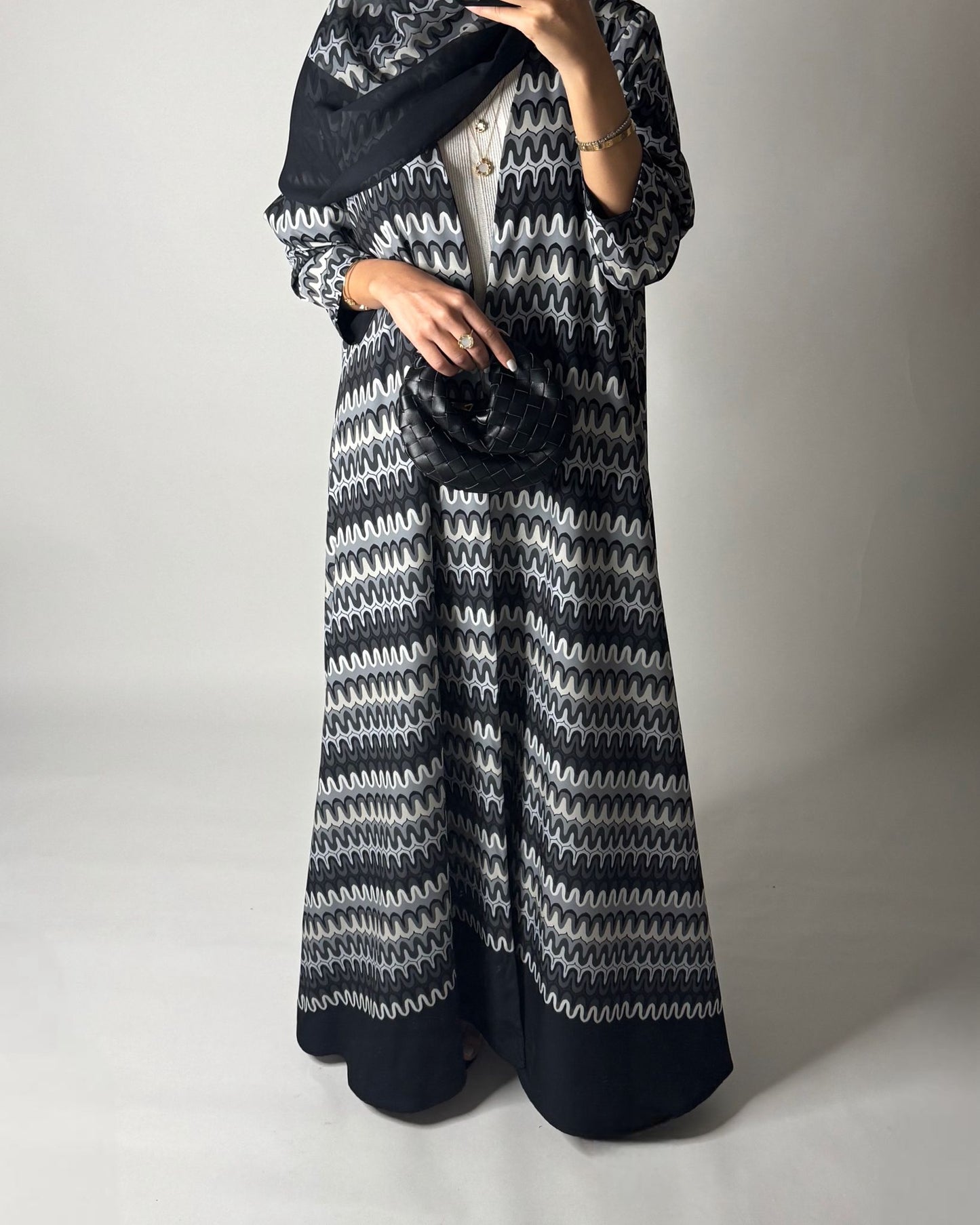 A566 - Black & Gray Swirl Pattern A-Cut Abaya & Matching Head Scarf