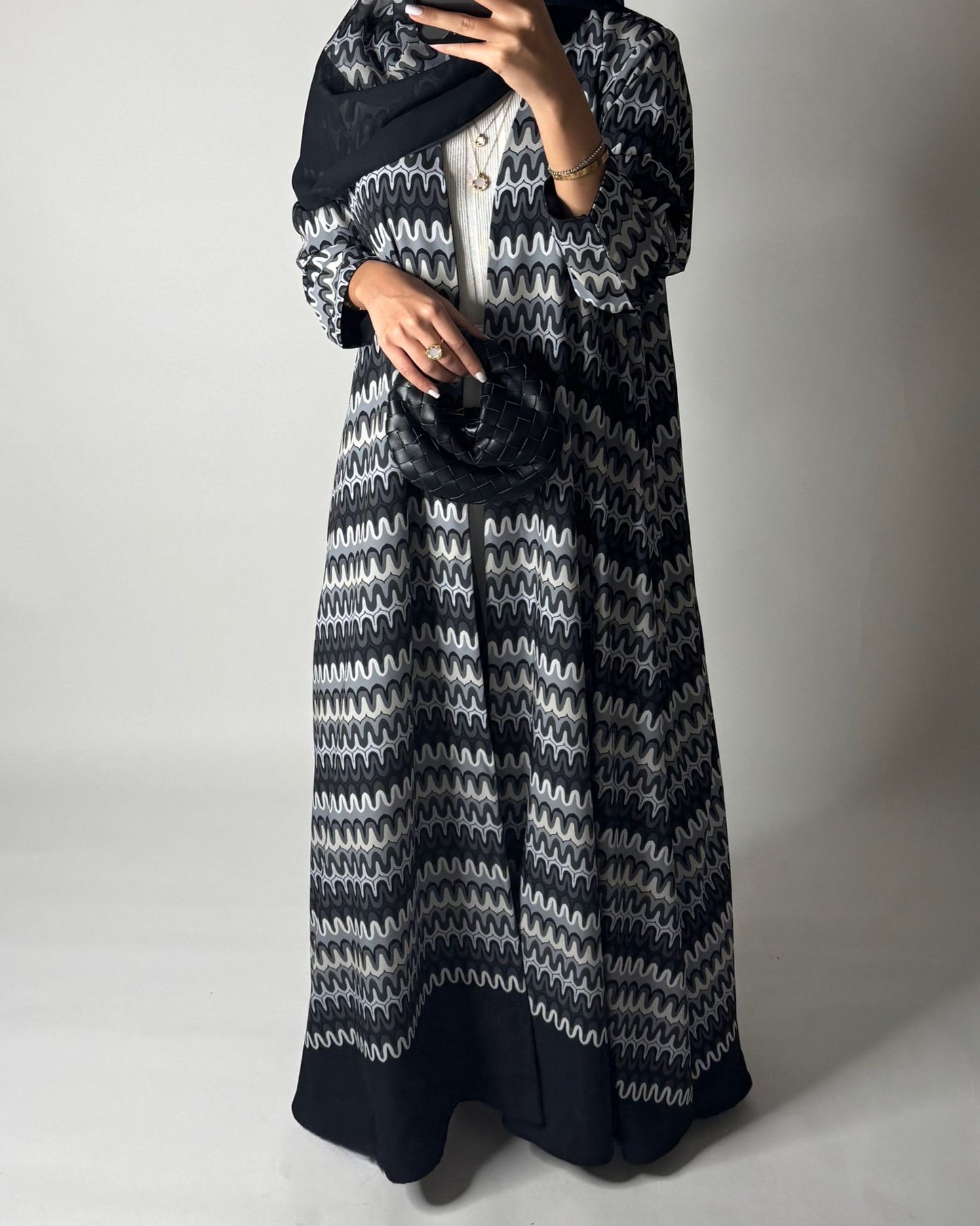 A566 - Black & Gray Swirl Pattern A-Cut Abaya & Matching Head Scarf