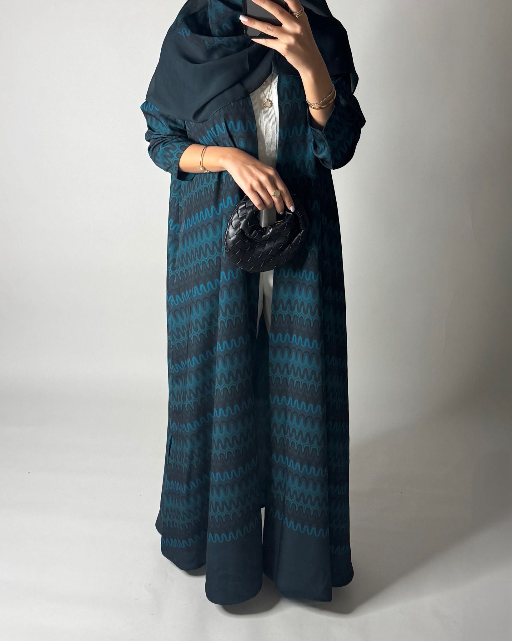 A563 - Shades of Blue Swirl Pattern A-Cut Abaya & Matching Head Scarf