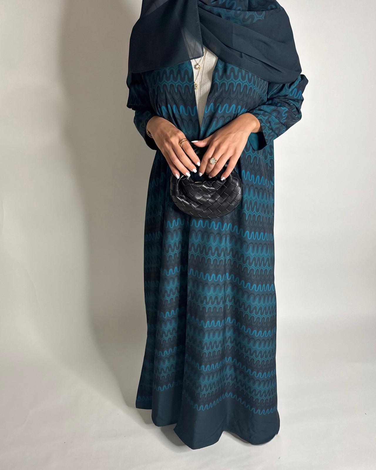 A563 - Shades of Blue Swirl Pattern A-Cut Abaya & Matching Head Scarf
