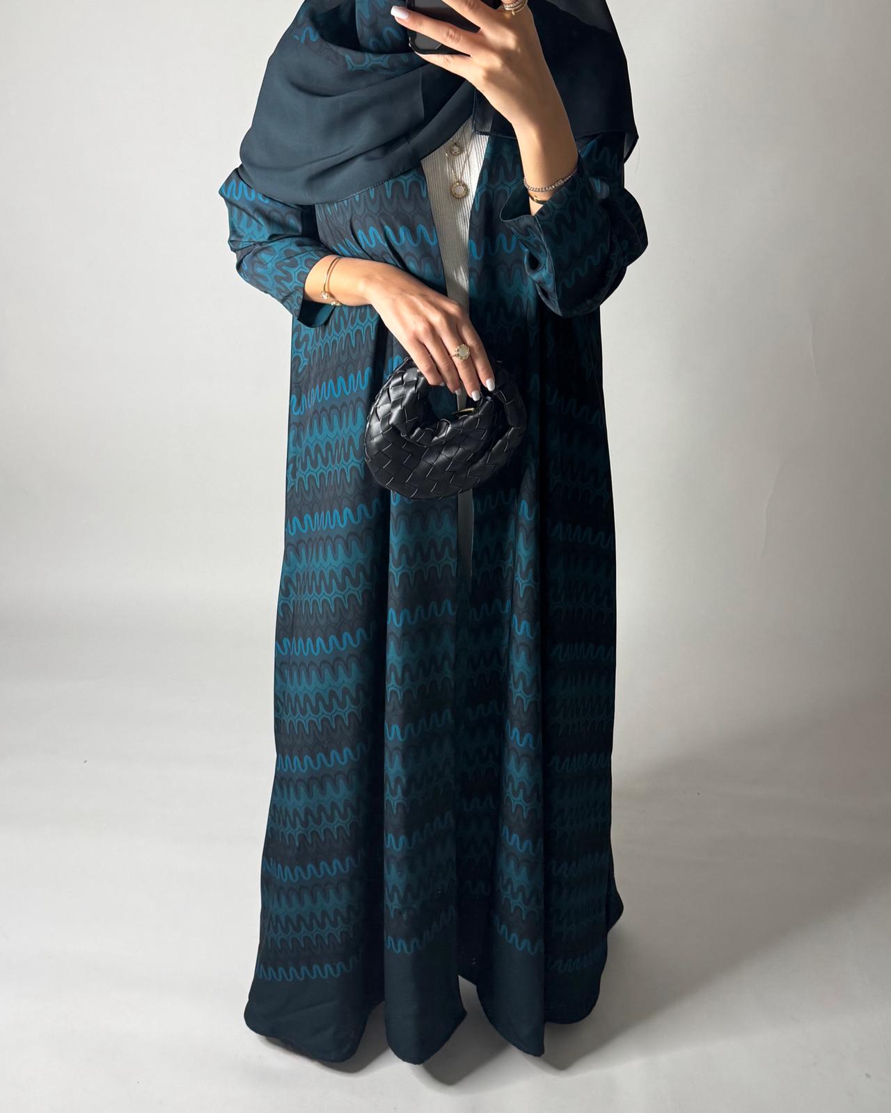 A563 - Shades of Blue Swirl Pattern A-Cut Abaya & Matching Head Scarf