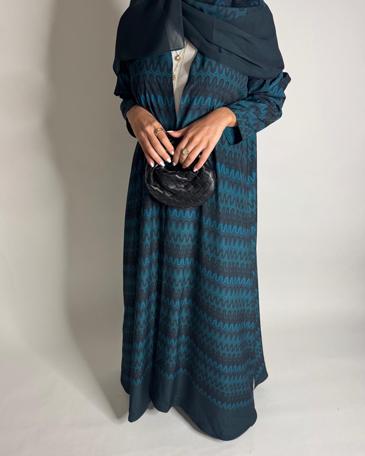 A563 - Shades of Blue Swirl Pattern A-Cut Abaya & Matching Head Scarf
