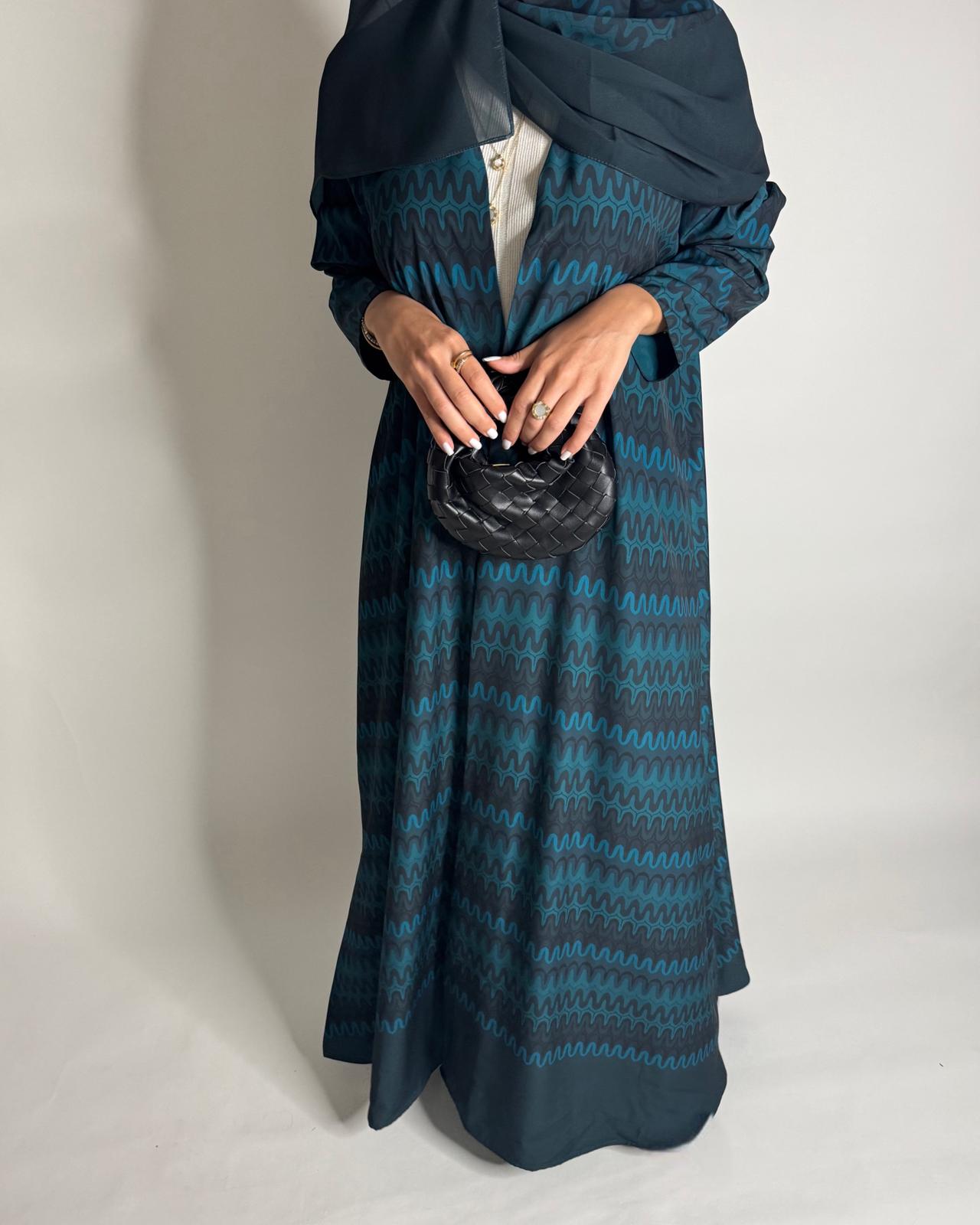 A563 - Shades of Blue Swirl Pattern A-Cut Abaya & Matching Head Scarf