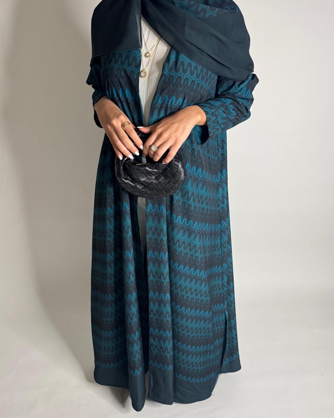 A563 - Shades of Blue Swirl Pattern A-Cut Abaya & Matching Head Scarf