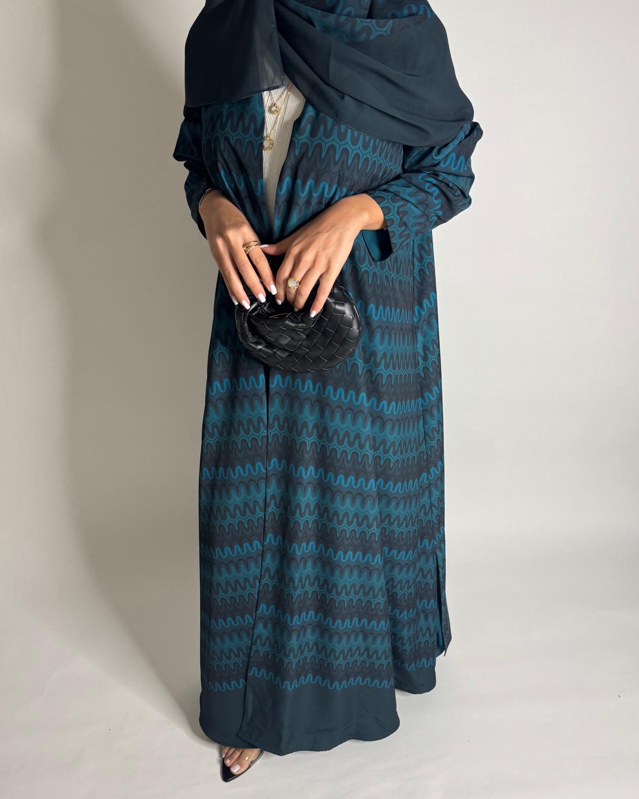 A563 - Shades of Blue Swirl Pattern A-Cut Abaya & Matching Head Scarf