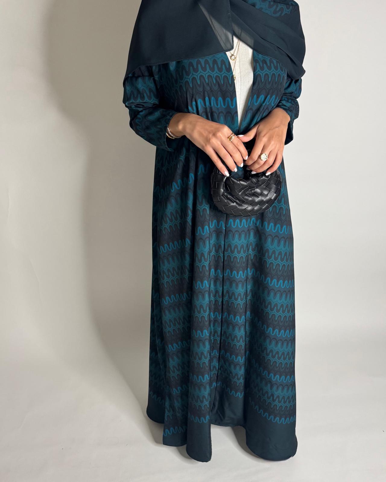 A563 - Shades of Blue Swirl Pattern A-Cut Abaya & Matching Head Scarf