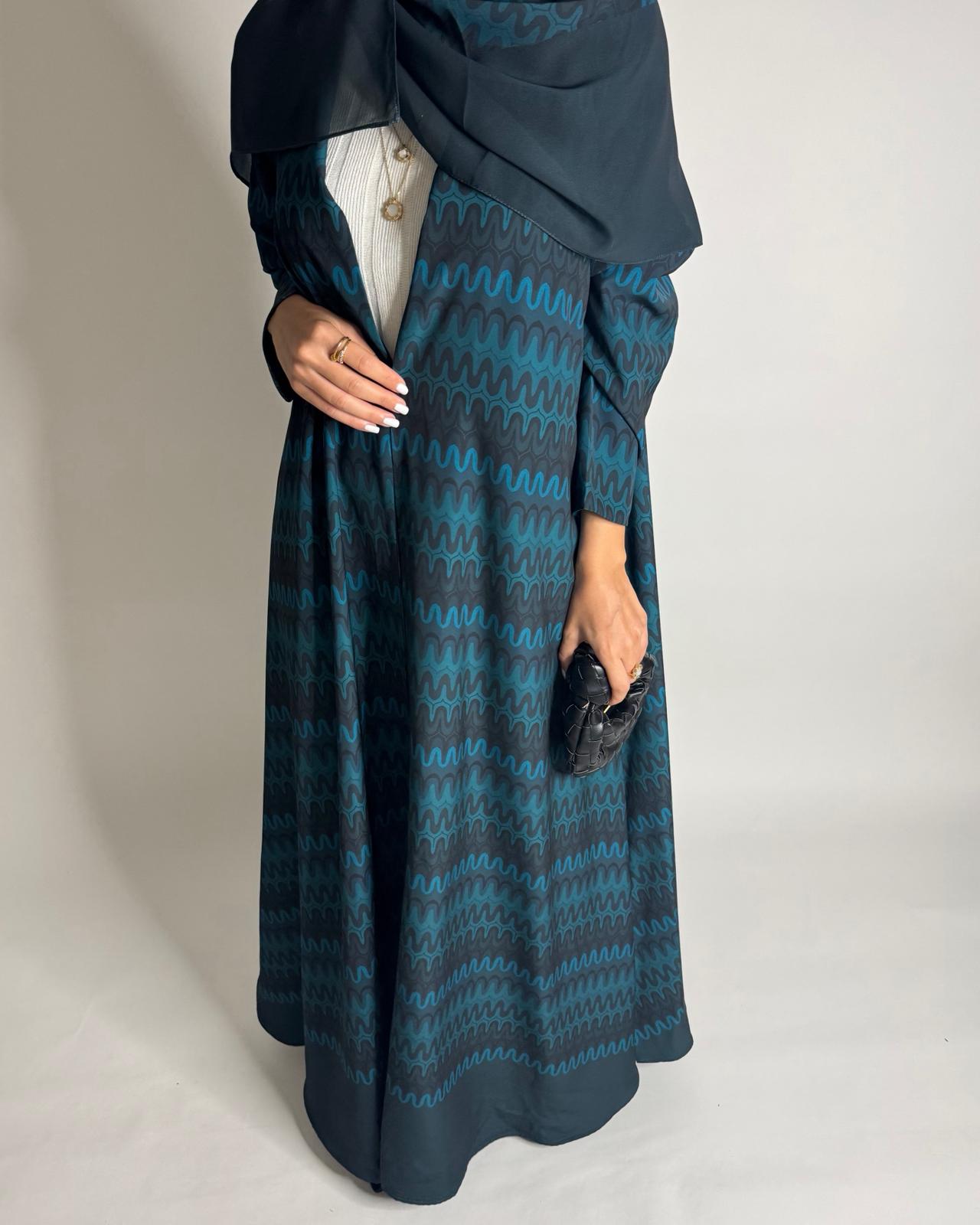 A563 - Shades of Blue Swirl Pattern A-Cut Abaya & Matching Head Scarf