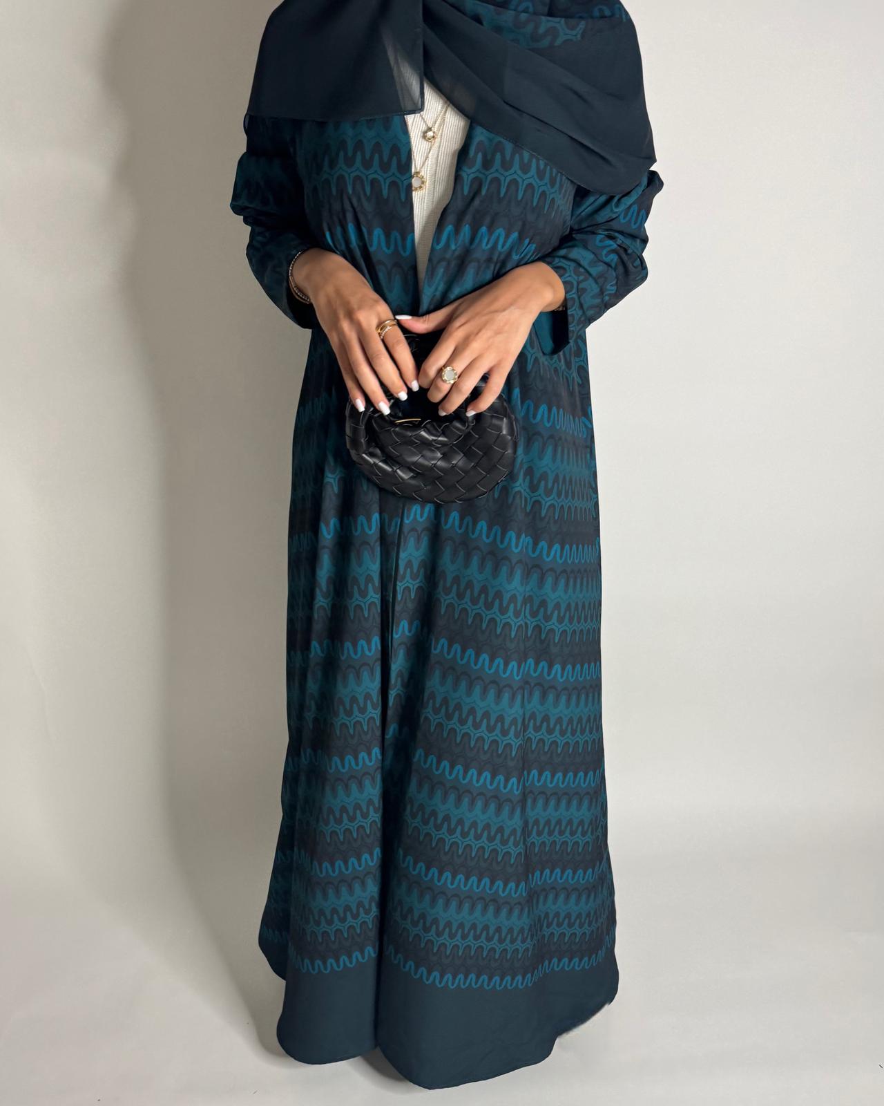 A563 - Shades of Blue Swirl Pattern A-Cut Abaya & Matching Head Scarf