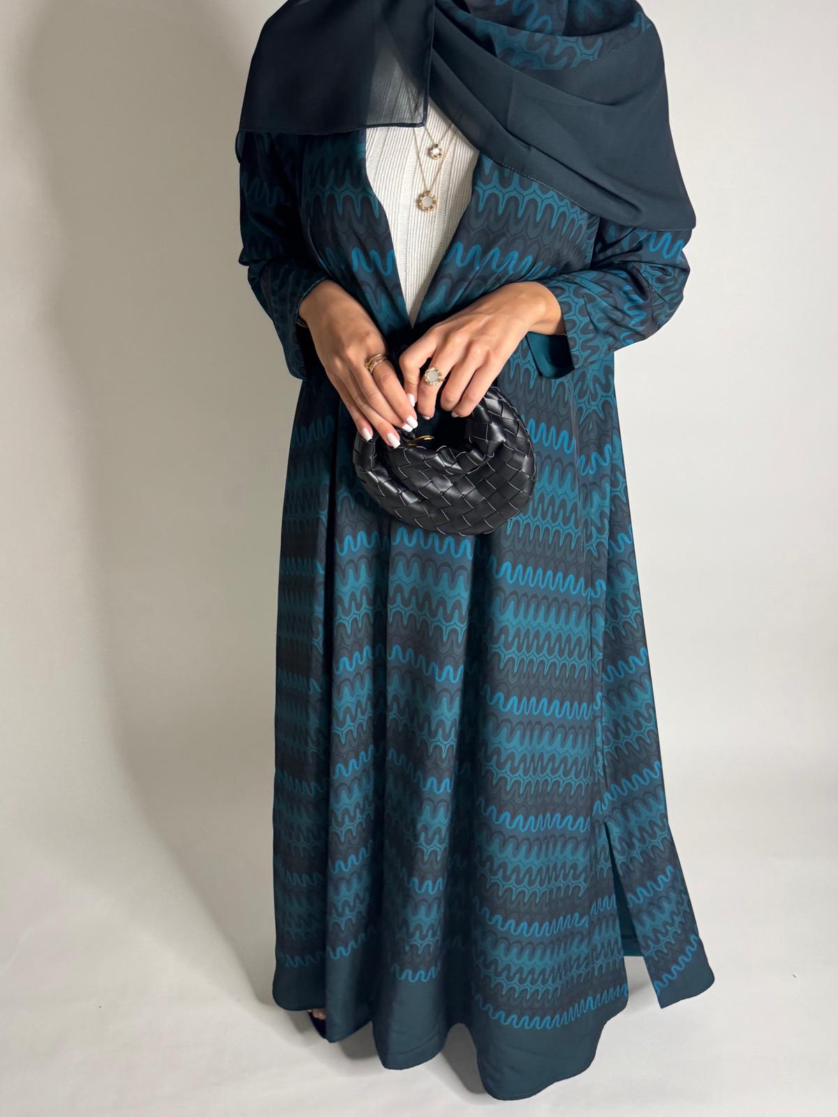 A563 - Shades of Blue Swirl Pattern A-Cut Abaya & Matching Head Scarf