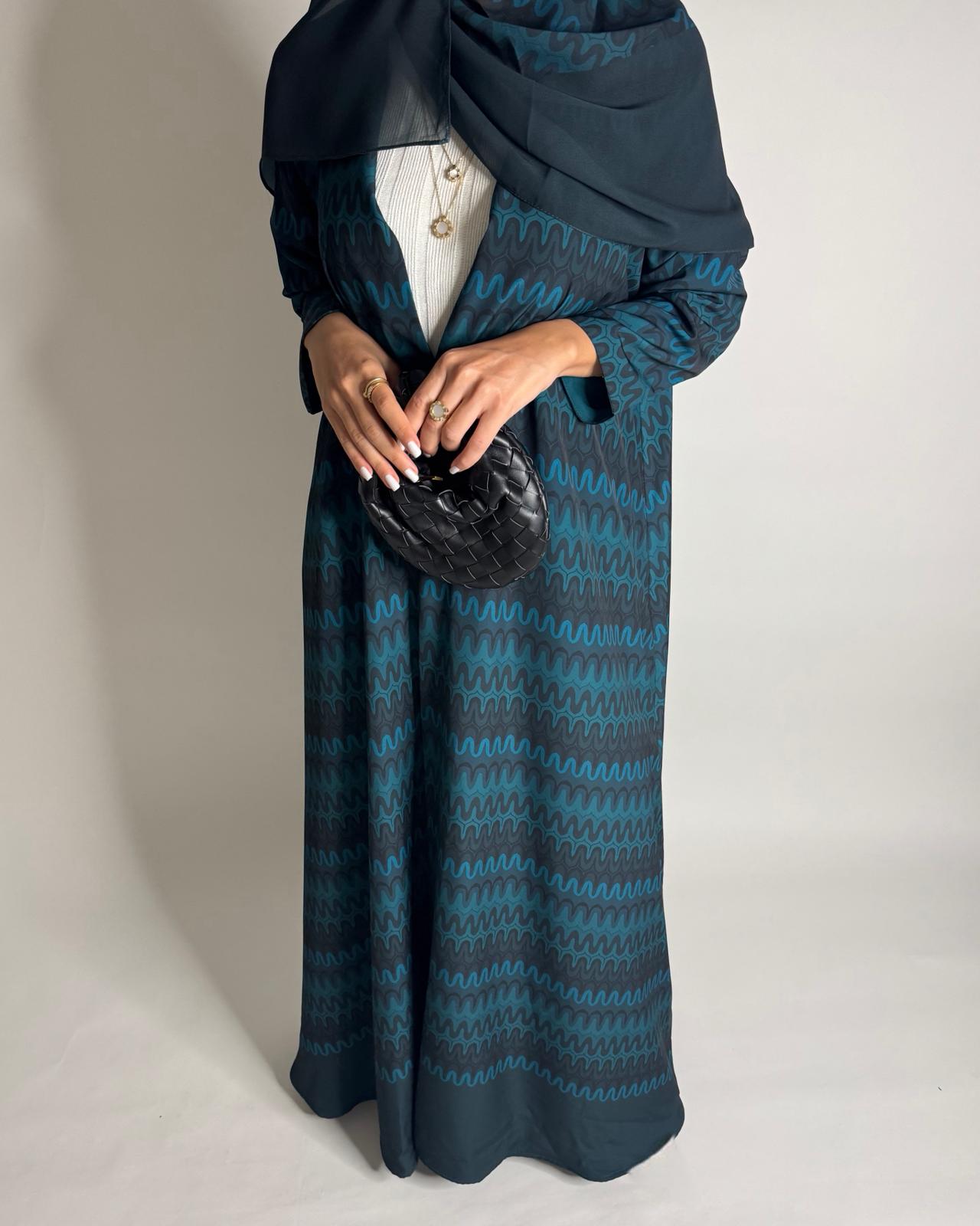 A563 - Shades of Blue Swirl Pattern A-Cut Abaya & Matching Head Scarf