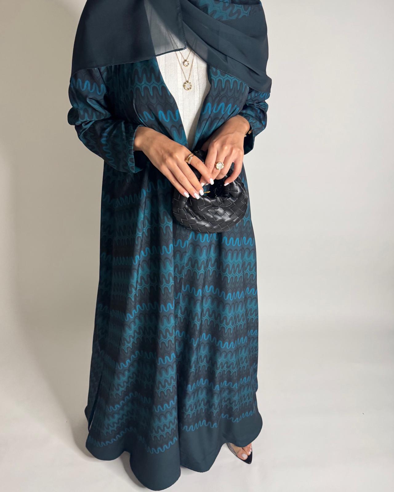 A563 - Shades of Blue Swirl Pattern A-Cut Abaya & Matching Head Scarf
