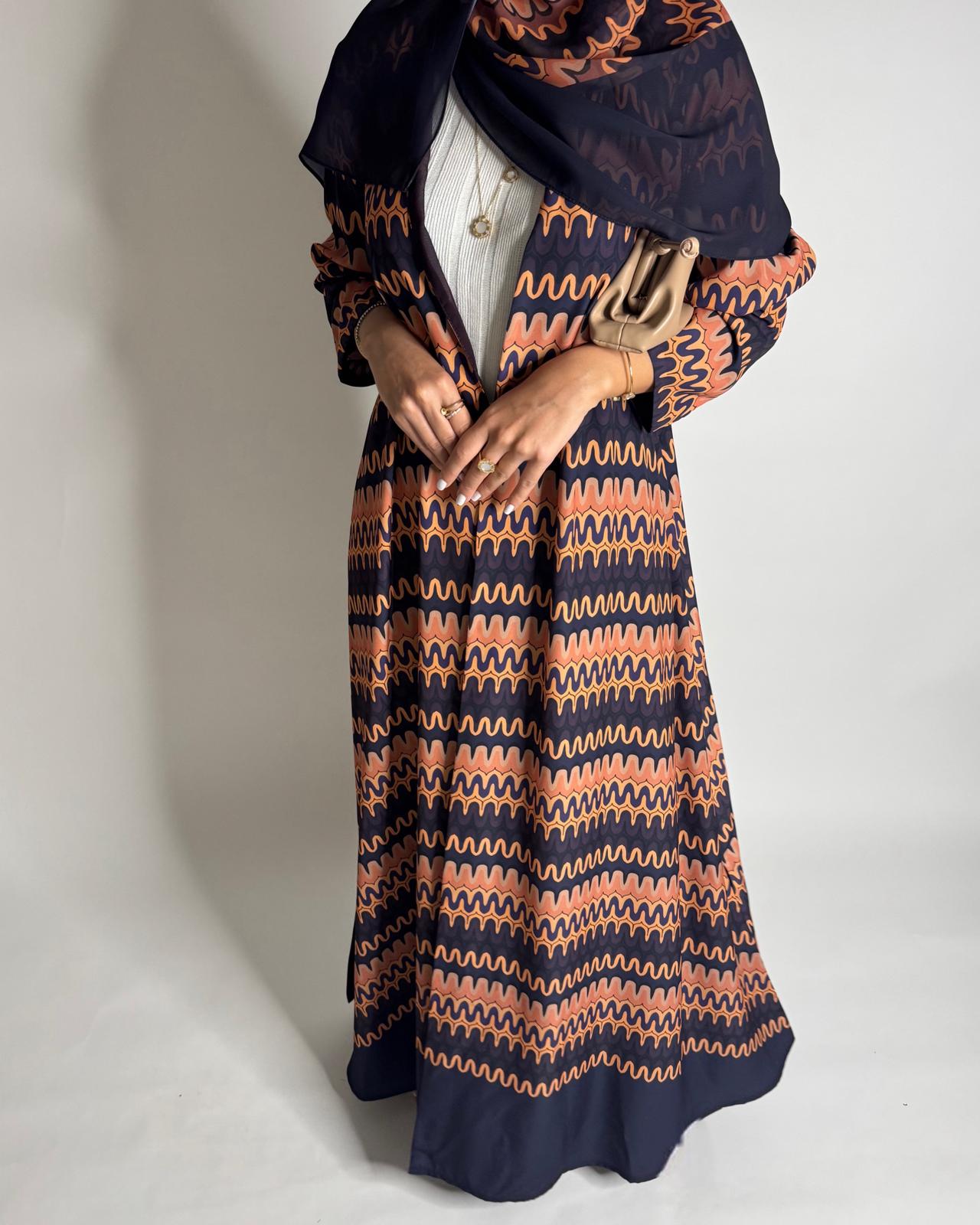 A564 - Purple & Peach Swirl Pattern A-Cut Abaya & Matching Head Scarf