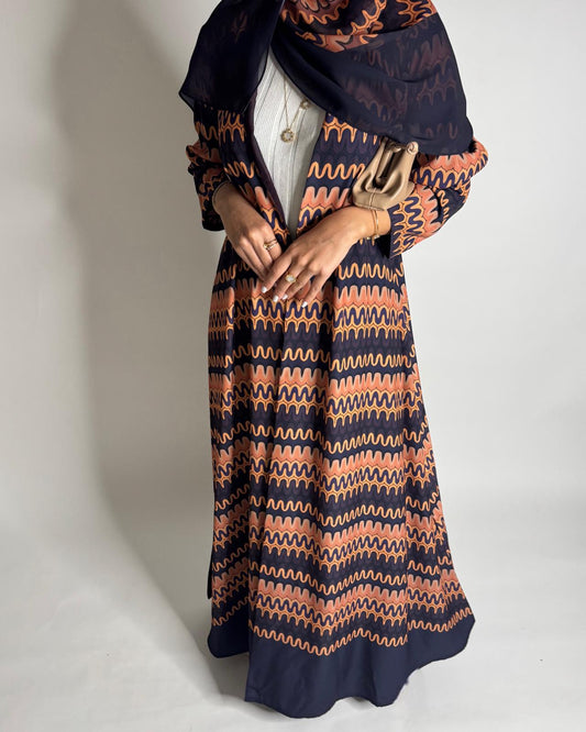 A564 - Purple & Peach Swirl Pattern A-Cut Abaya & Matching Head Scarf