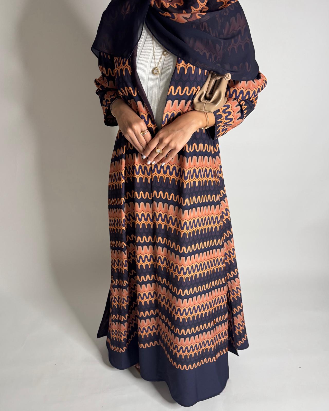 A564 - Purple & Peach Swirl Pattern A-Cut Abaya & Matching Head Scarf