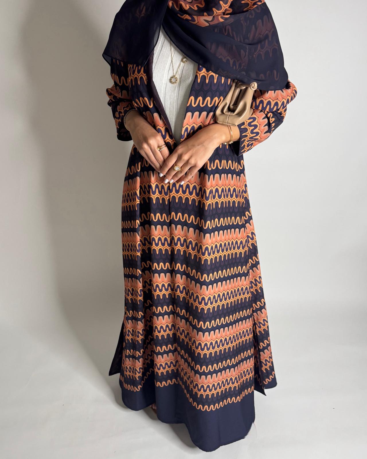 A564 - Purple & Peach Swirl Pattern A-Cut Abaya & Matching Head Scarf