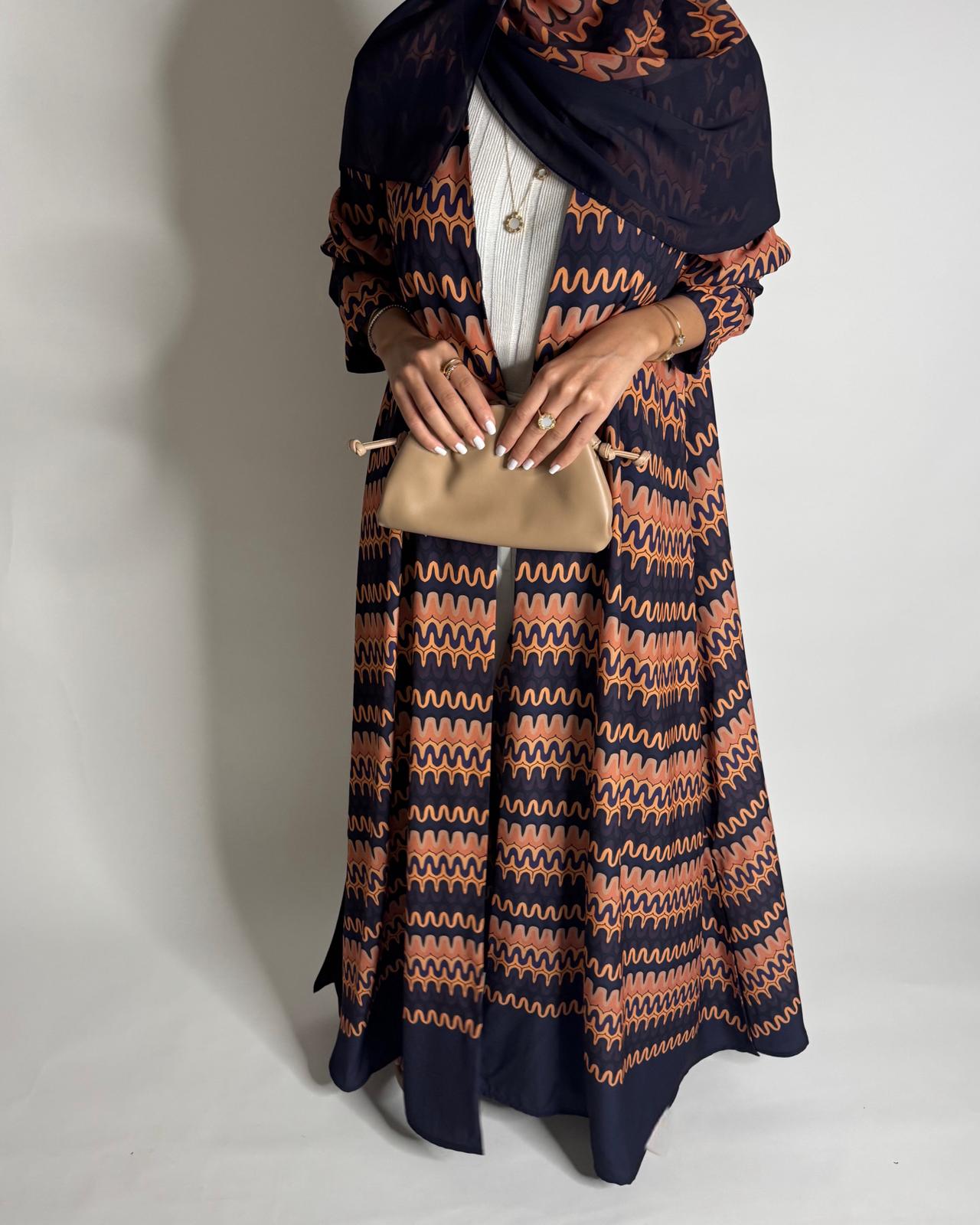 A564 - Purple & Peach Swirl Pattern A-Cut Abaya & Matching Head Scarf