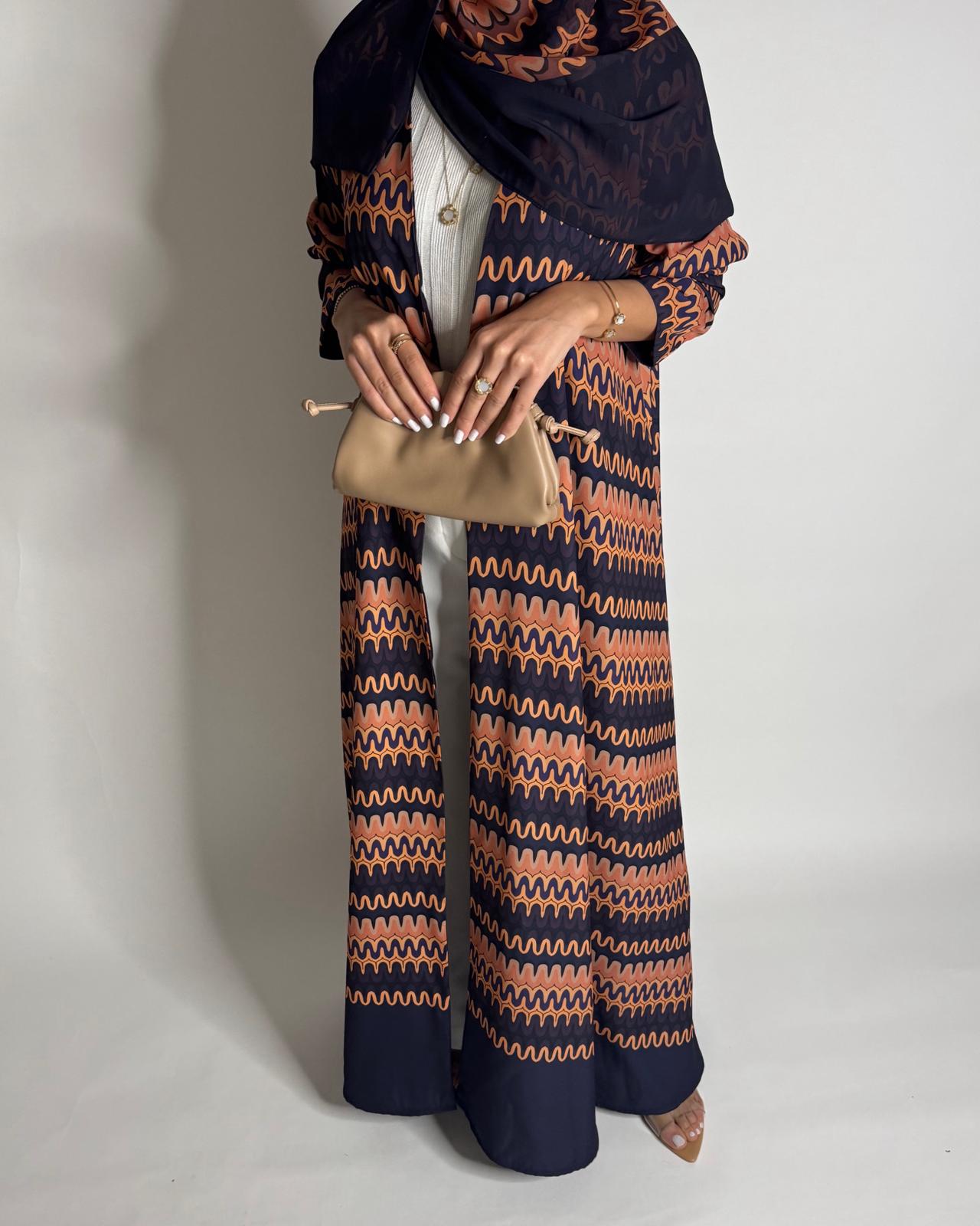 A564 - Purple & Peach Swirl Pattern A-Cut Abaya & Matching Head Scarf