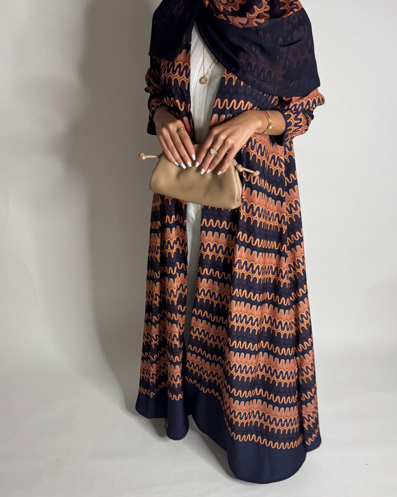 A564 - Purple & Peach Swirl Pattern A-Cut Abaya & Matching Head Scarf