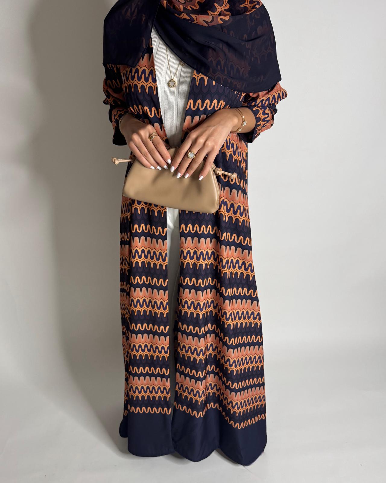 A564 - Purple & Peach Swirl Pattern A-Cut Abaya & Matching Head Scarf