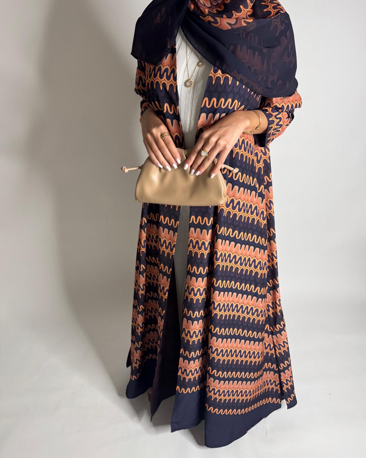 A564 - Purple & Peach Swirl Pattern A-Cut Abaya & Matching Head Scarf