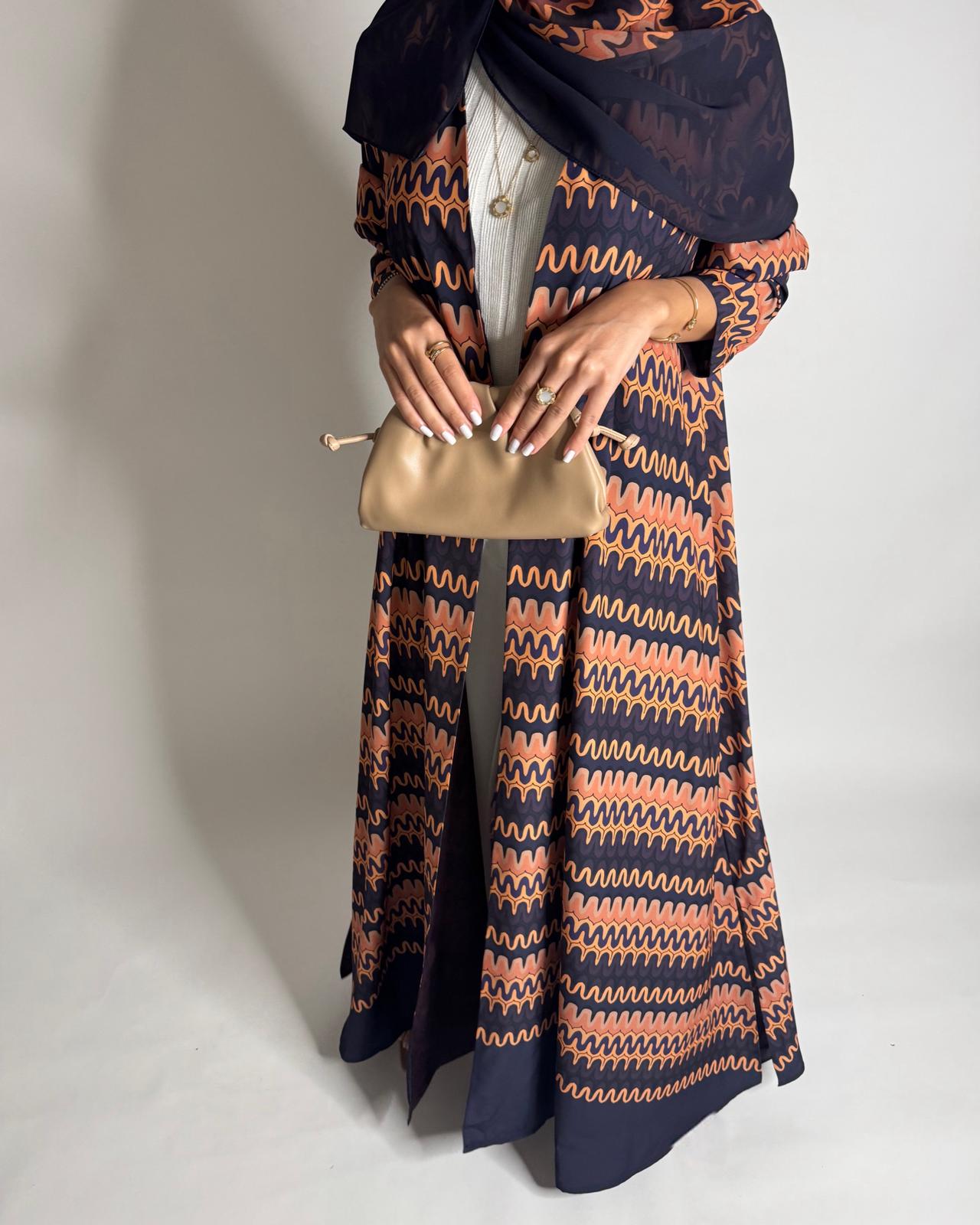 A564 - Purple & Peach Swirl Pattern A-Cut Abaya & Matching Head Scarf