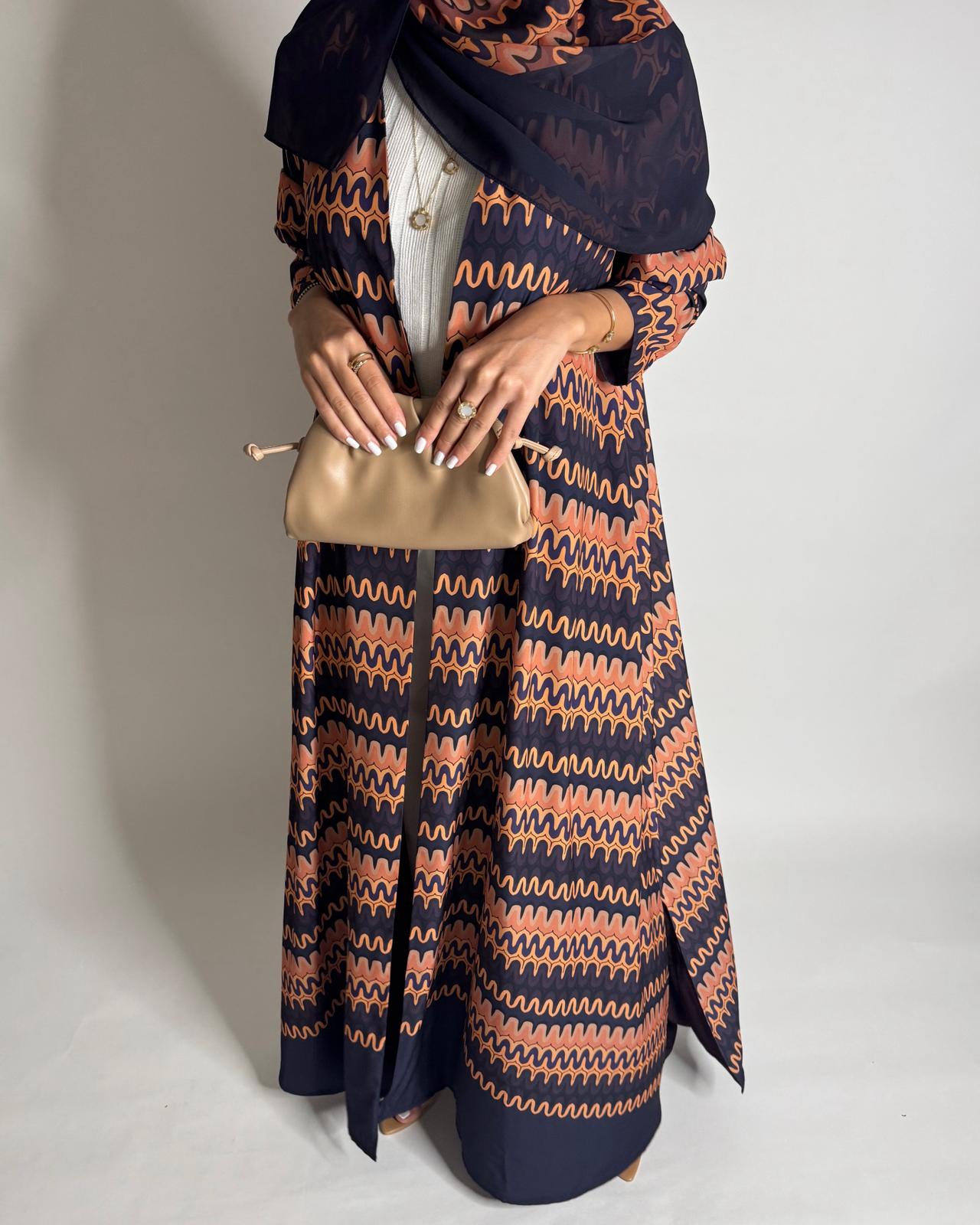 A564 - Purple & Peach Swirl Pattern A-Cut Abaya & Matching Head Scarf