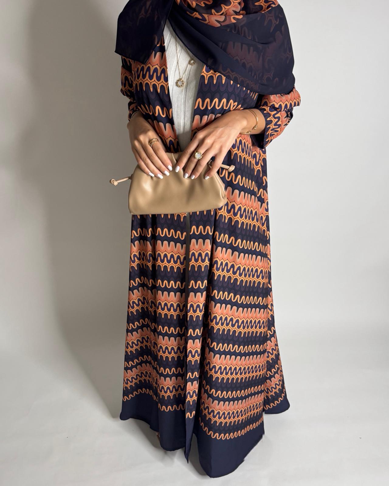 A564 - Purple & Peach Swirl Pattern A-Cut Abaya & Matching Head Scarf