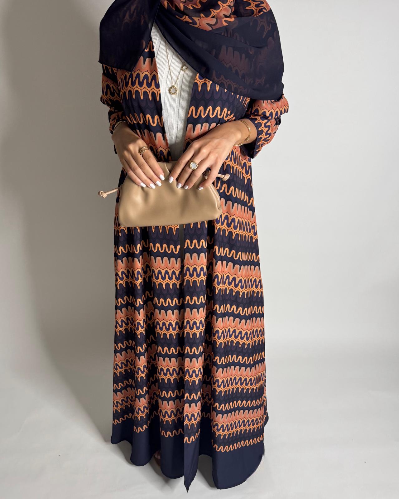 A564 - Purple & Peach Swirl Pattern A-Cut Abaya & Matching Head Scarf