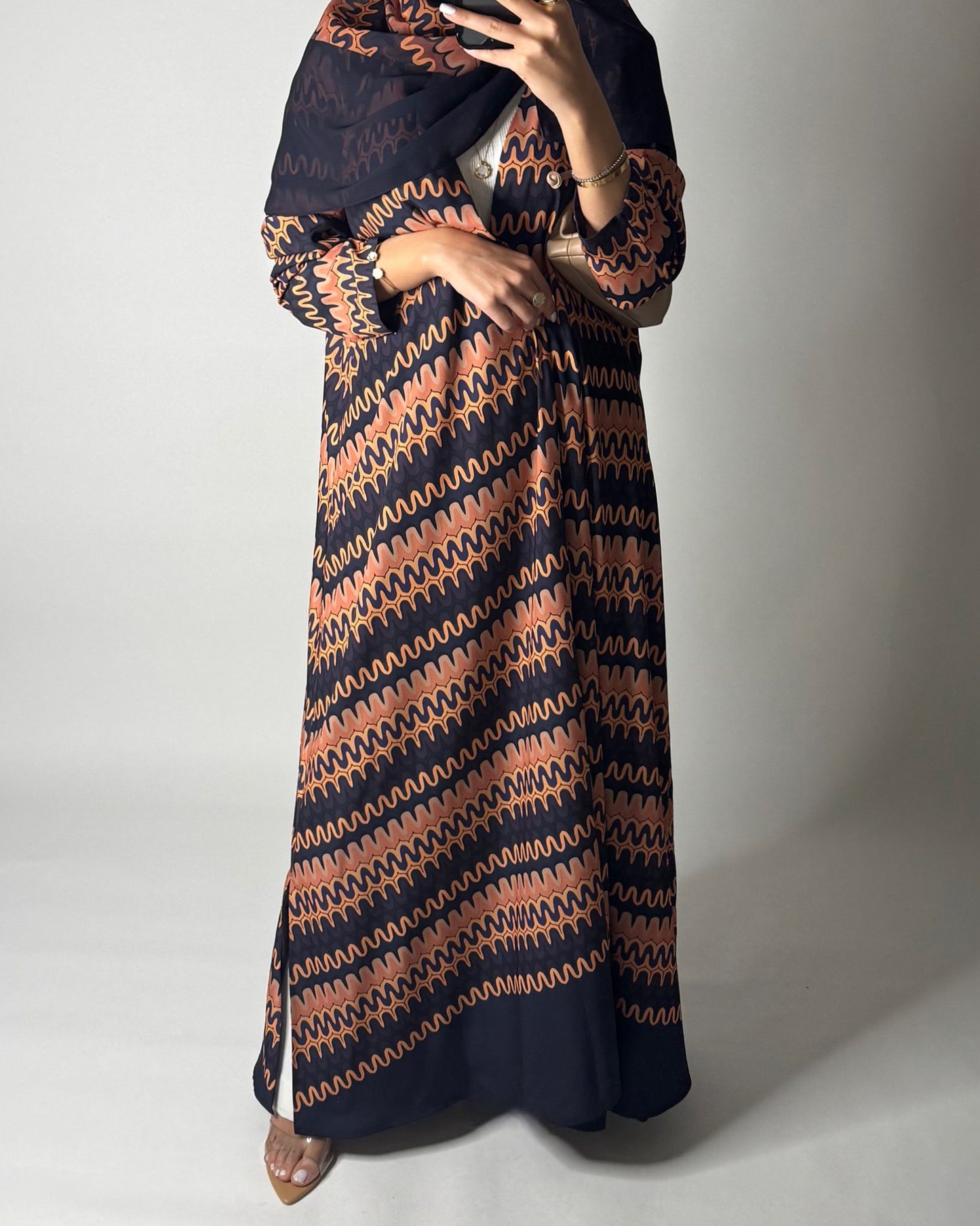 A564 - Purple & Peach Swirl Pattern A-Cut Abaya & Matching Head Scarf