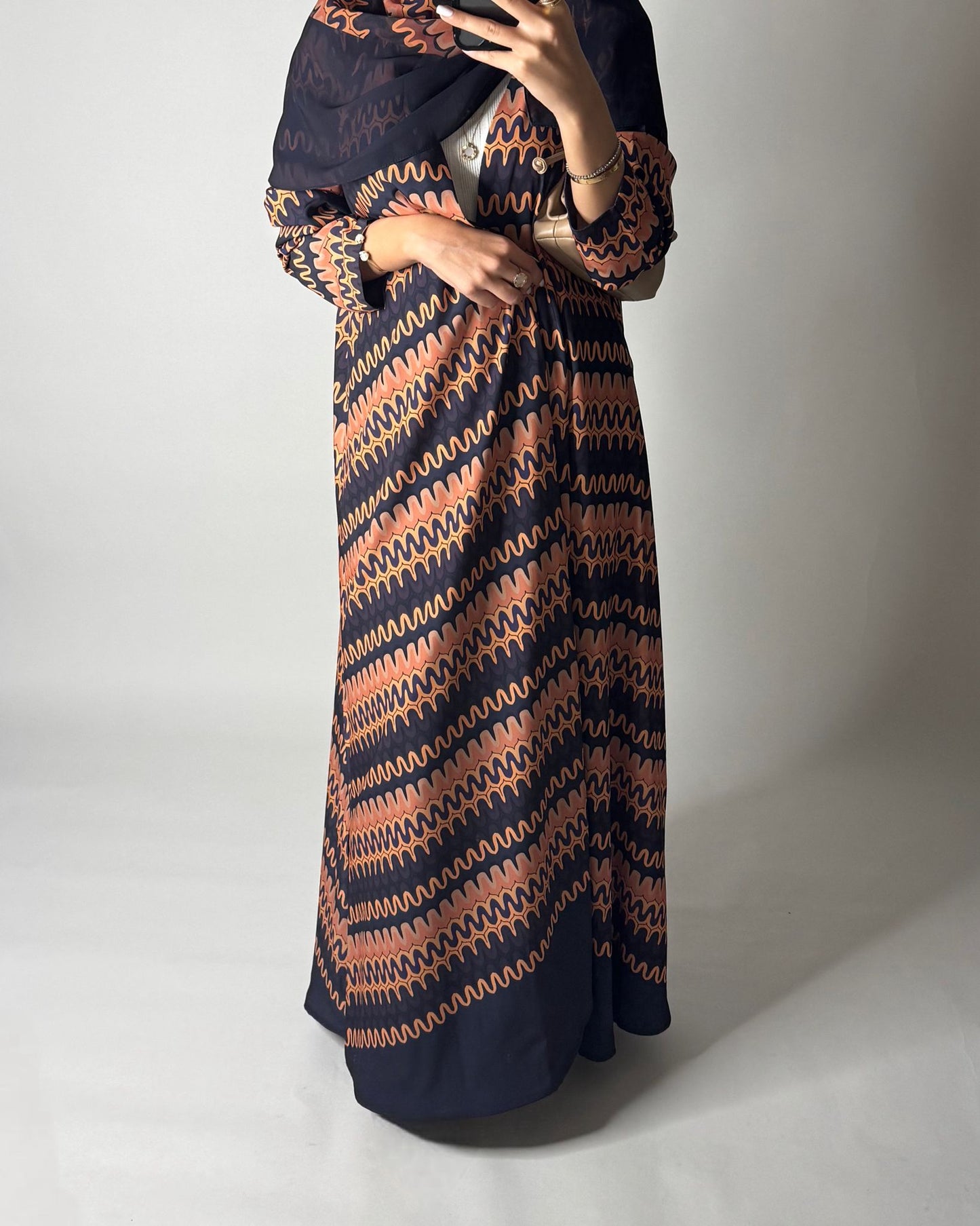 A564 - Purple & Peach Swirl Pattern A-Cut Abaya & Matching Head Scarf