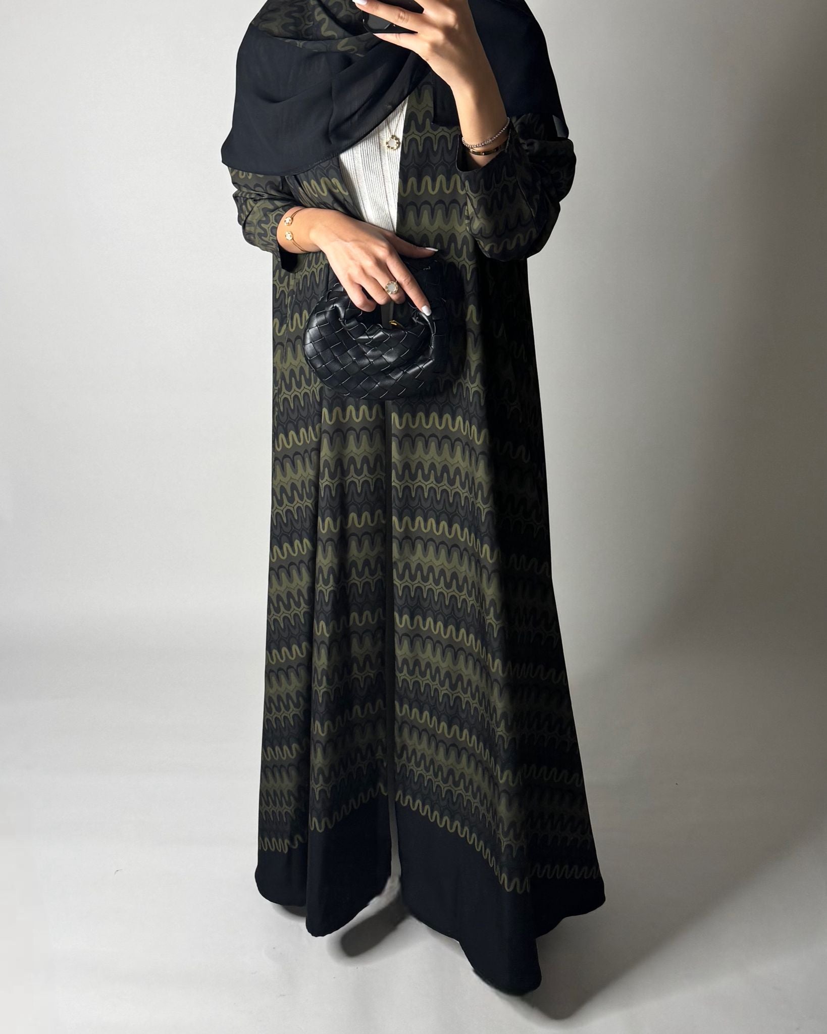 A562 - Shades of Green Swirl Pattern A-Cut Abaya & Matching Head Scarf