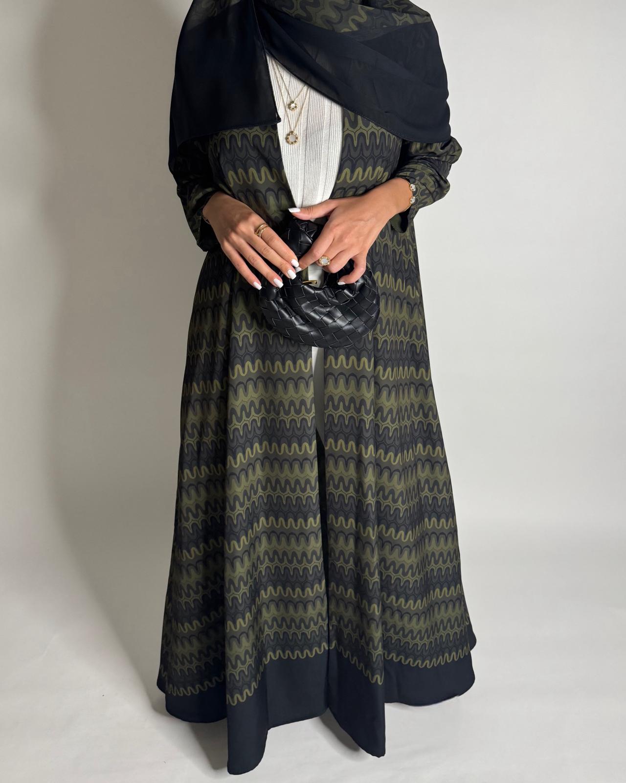A562 - Shades of Green Swirl Pattern A-Cut Abaya & Matching Head Scarf