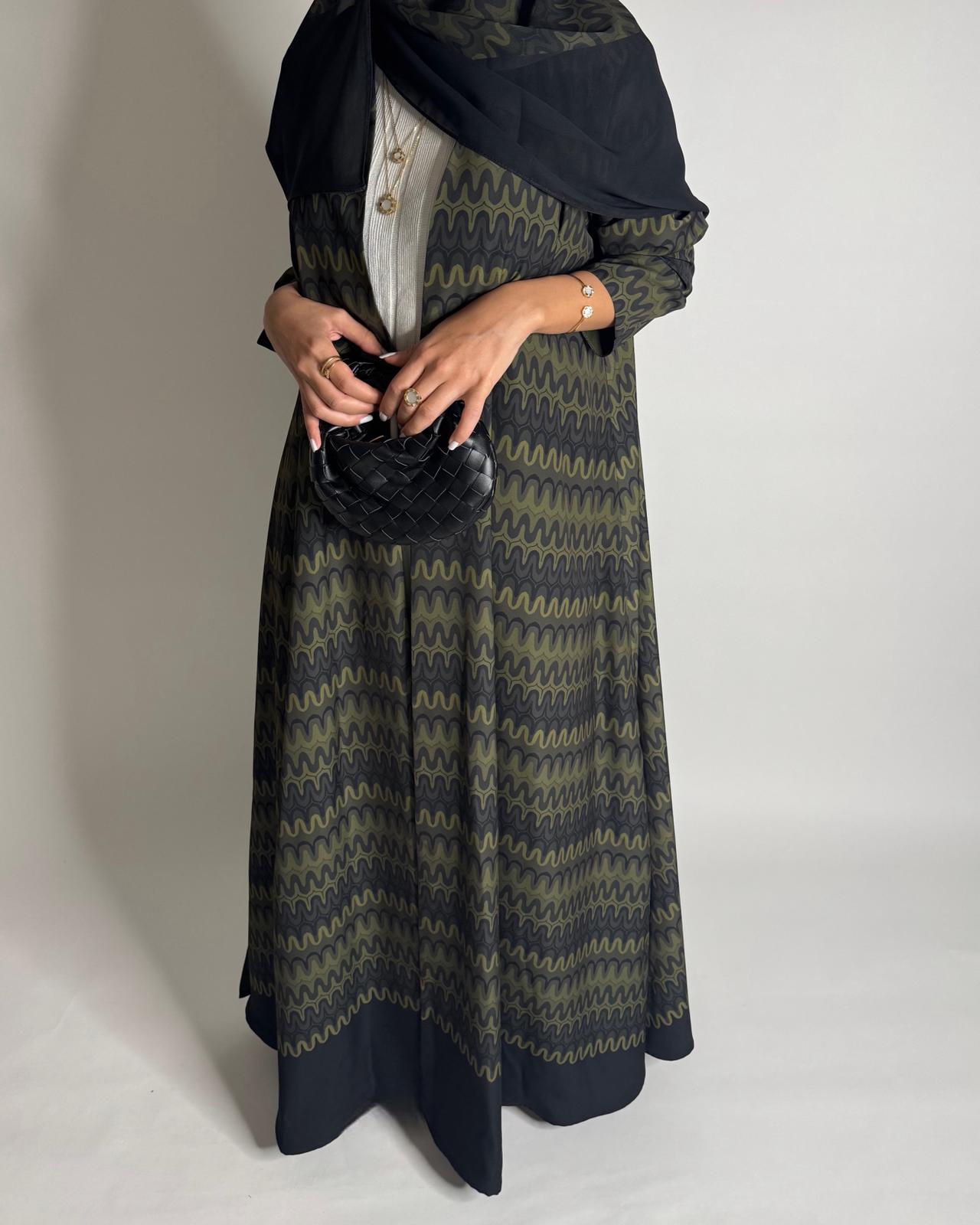 A562 - Shades of Green Swirl Pattern A-Cut Abaya & Matching Head Scarf