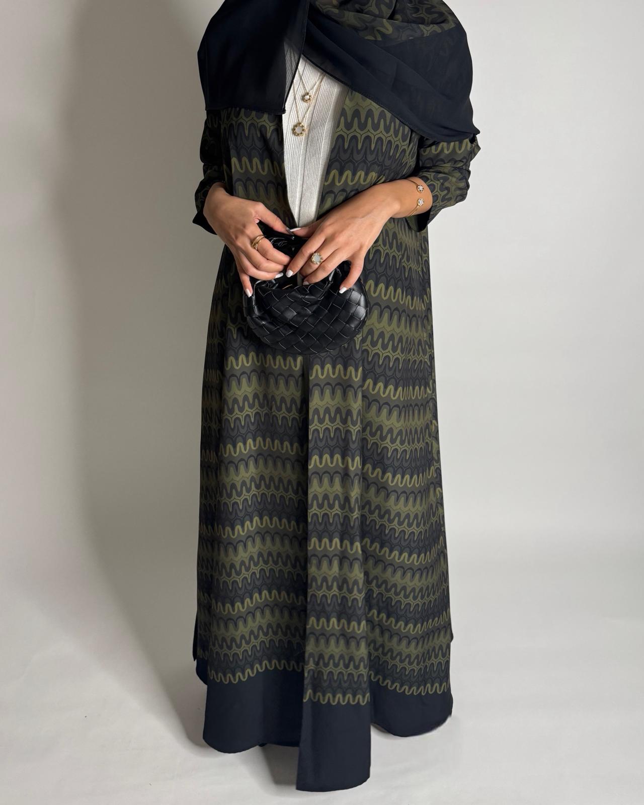 A562 - Shades of Green Swirl Pattern A-Cut Abaya & Matching Head Scarf