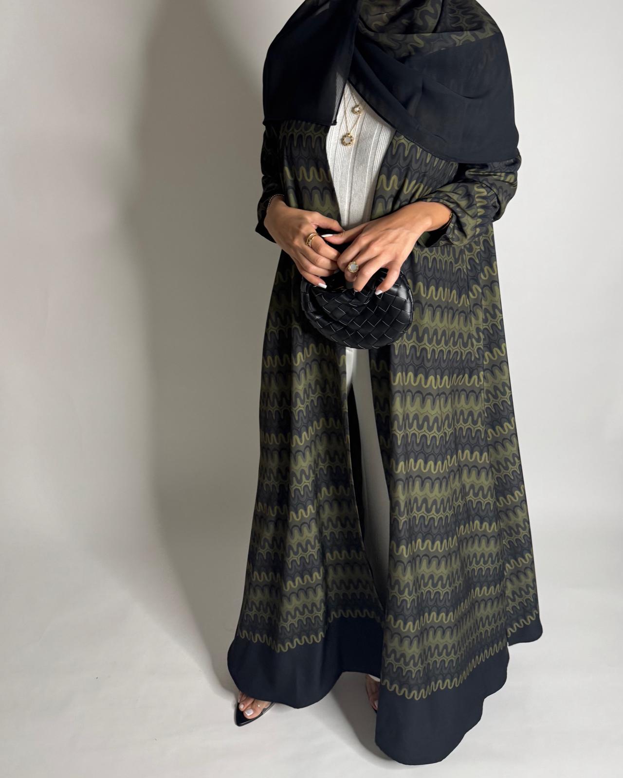A562 - Shades of Green Swirl Pattern A-Cut Abaya & Matching Head Scarf