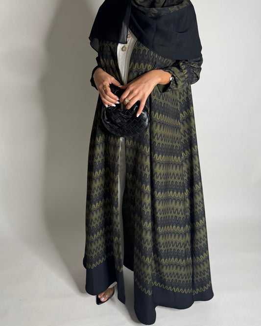 A562 - Shades of Green Swirl Pattern A-Cut Abaya & Matching Head Scarf