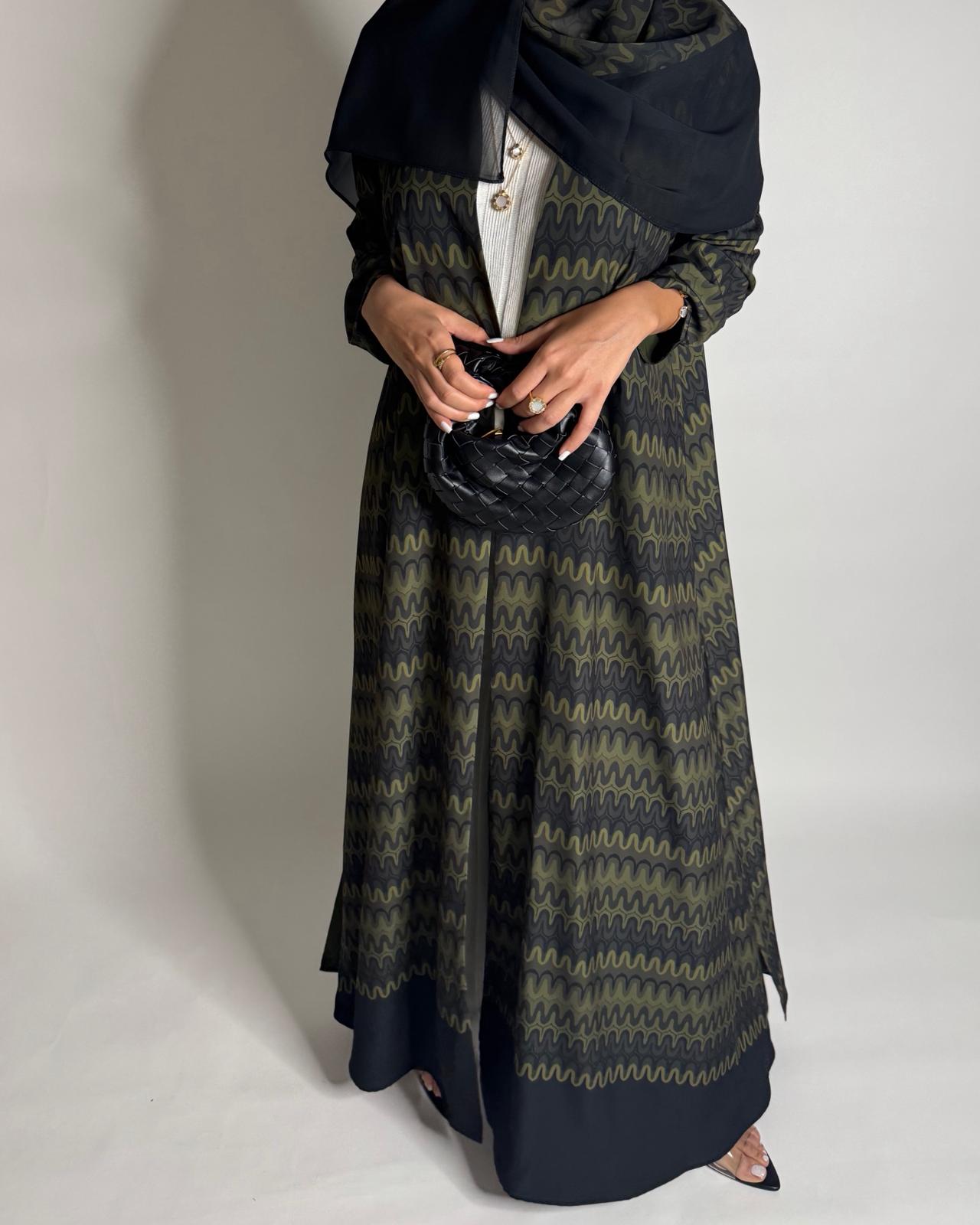 A562 - Shades of Green Swirl Pattern A-Cut Abaya & Matching Head Scarf