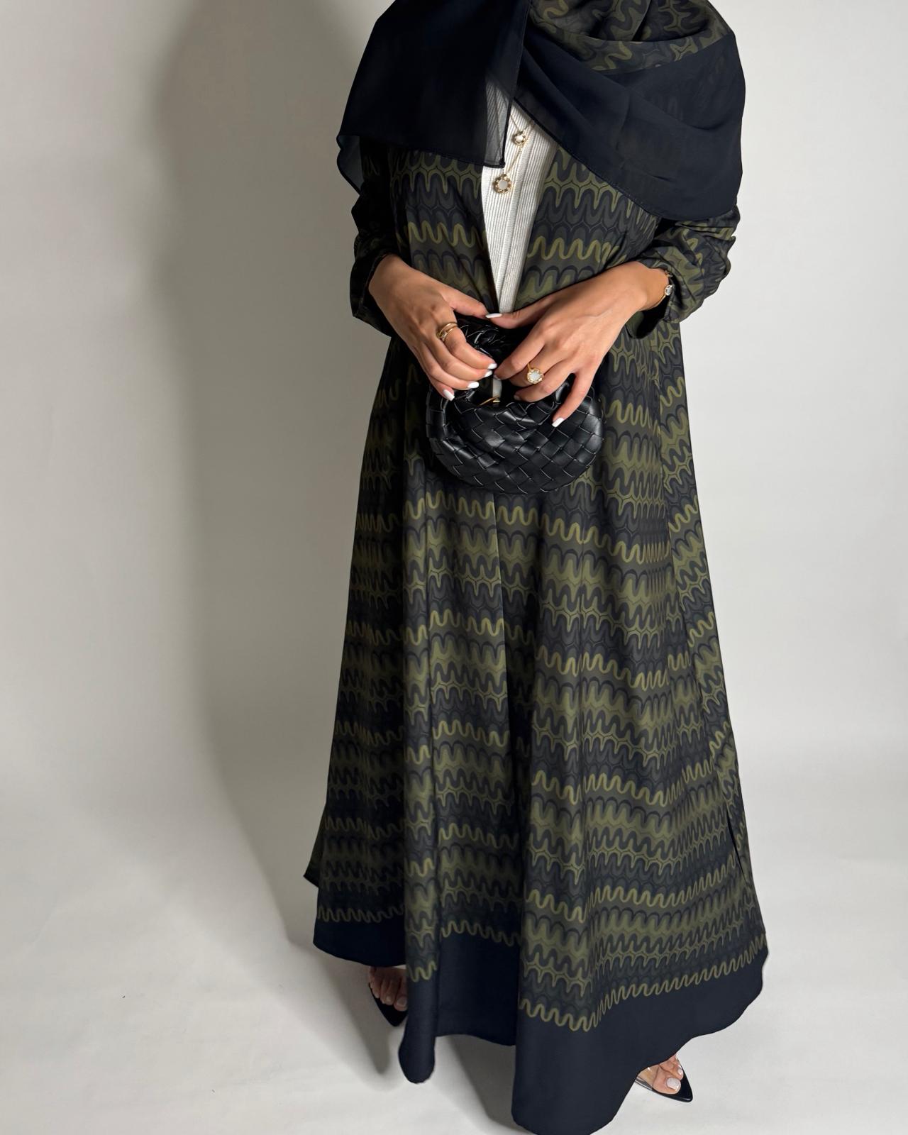 A562 - Shades of Green Swirl Pattern A-Cut Abaya & Matching Head Scarf