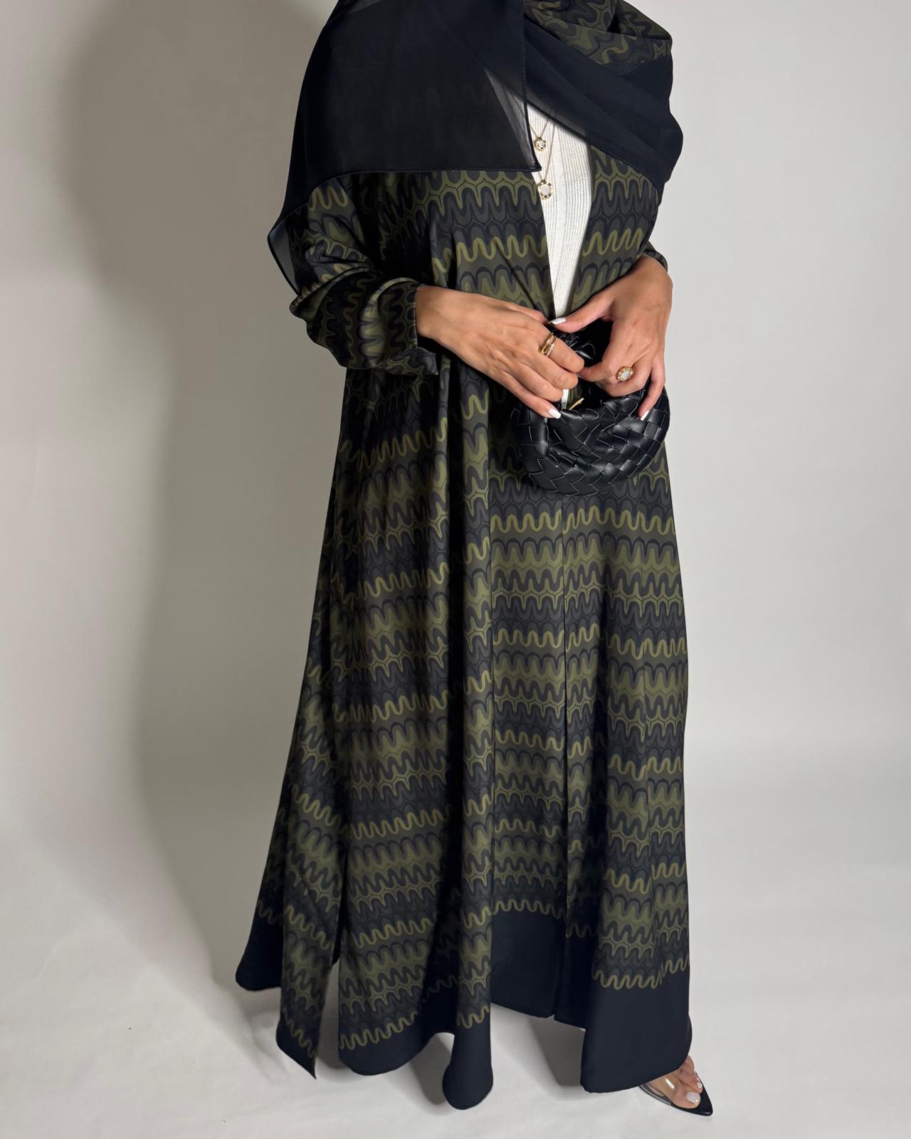 A562 - Shades of Green Swirl Pattern A-Cut Abaya & Matching Head Scarf