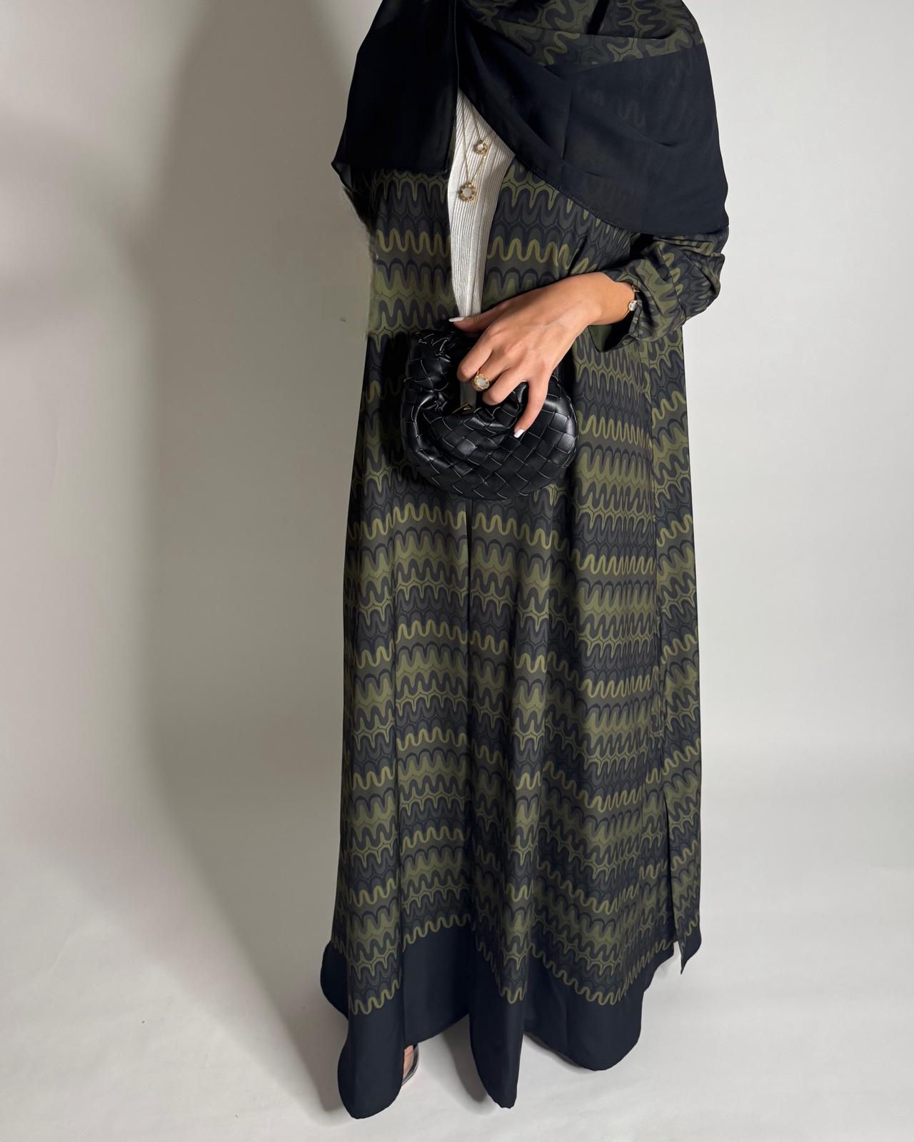A562 - Shades of Green Swirl Pattern A-Cut Abaya & Matching Head Scarf
