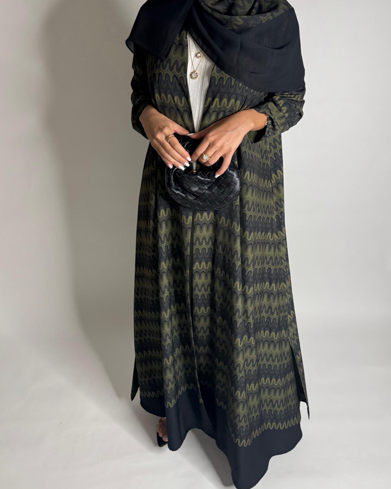 A562 - Shades of Green Swirl Pattern A-Cut Abaya & Matching Head Scarf