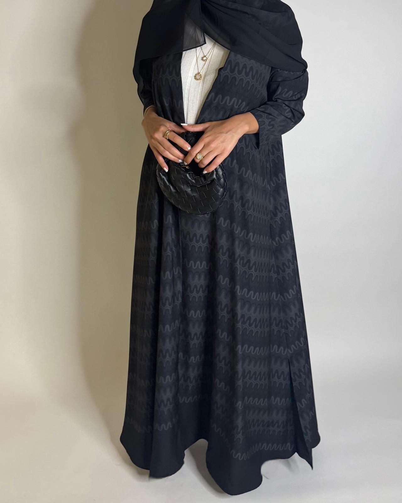 A565 - Black Swirl Pattern A-Cut Abaya & Matching Head Scarf