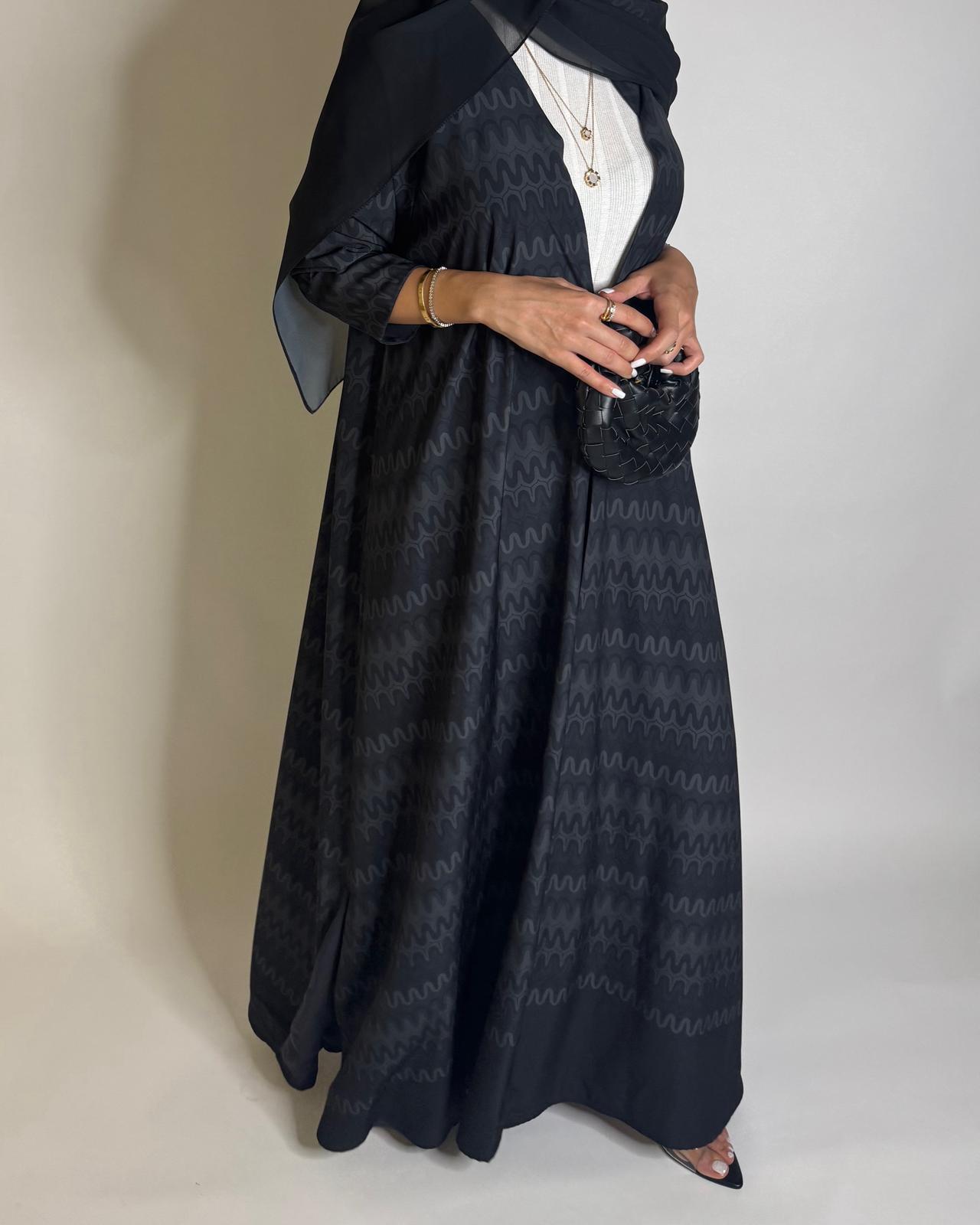 A565 - Black Swirl Pattern A-Cut Abaya & Matching Head Scarf