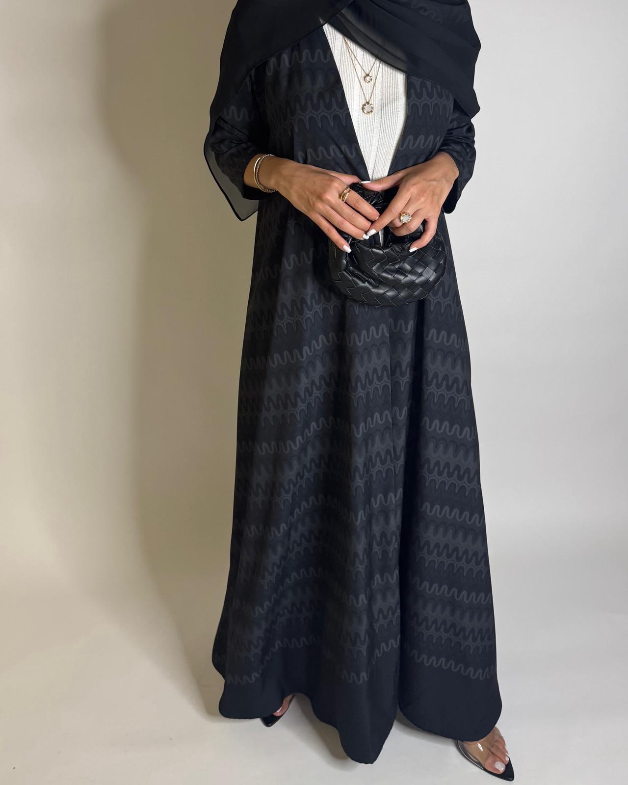 A565 - Black Swirl Pattern A-Cut Abaya & Matching Head Scarf