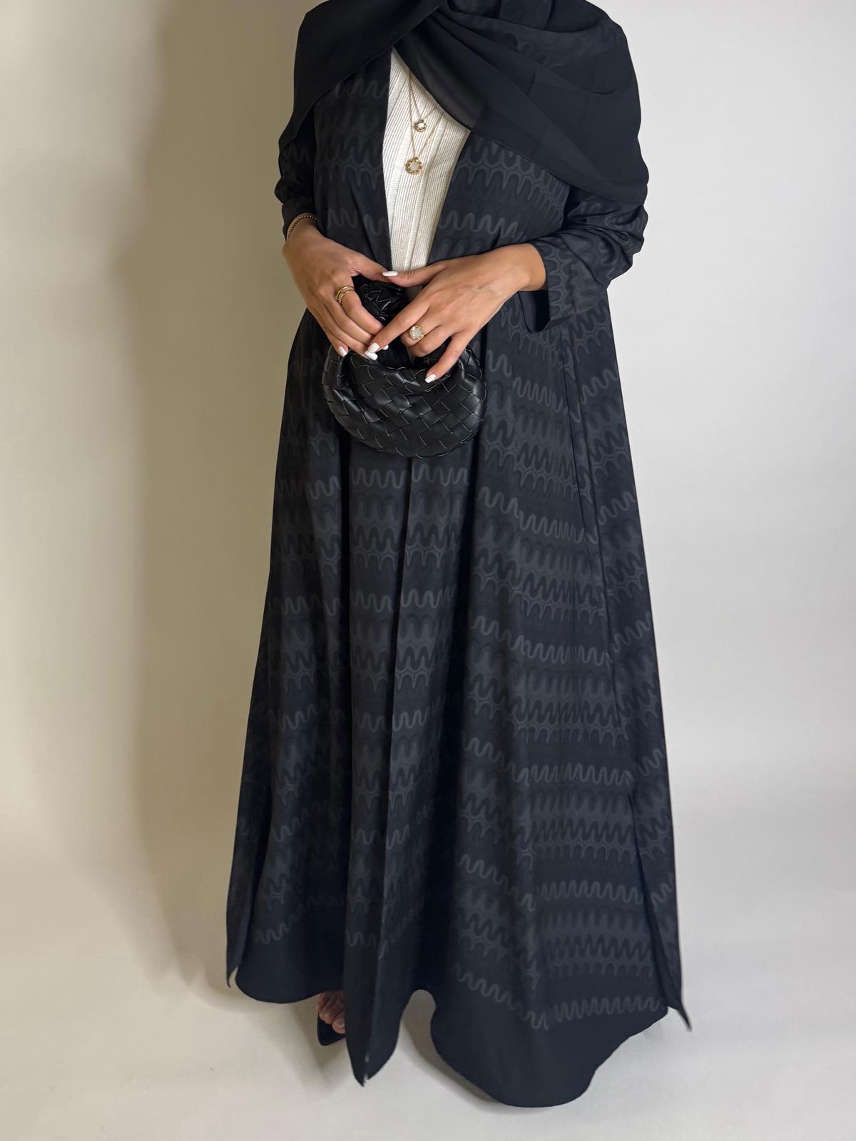 A565 - Black Swirl Pattern A-Cut Abaya & Matching Head Scarf